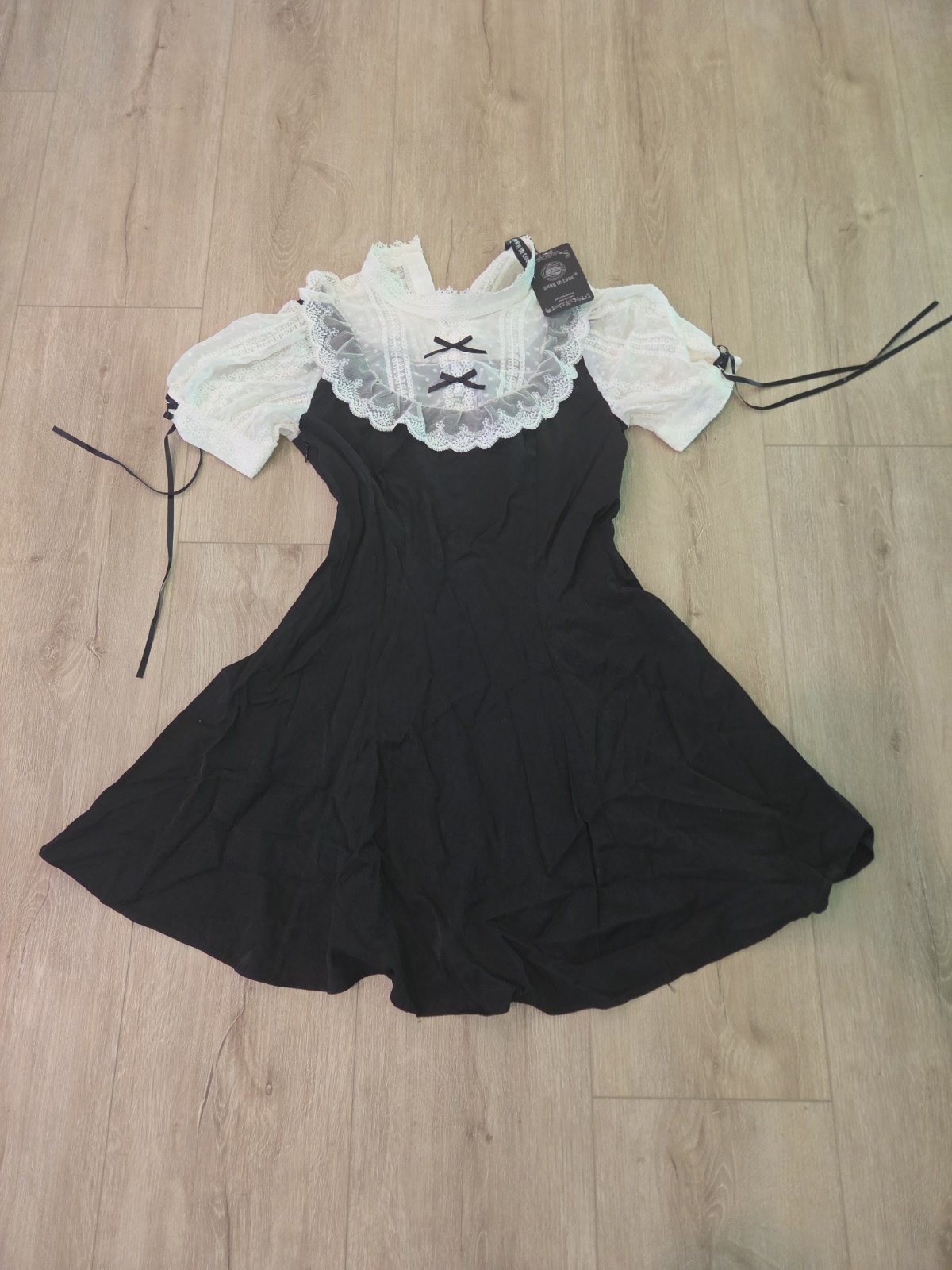 Dark in Love Gothic Witchy Lolita Dress Black White Lace Bows Mini DW405, Medium