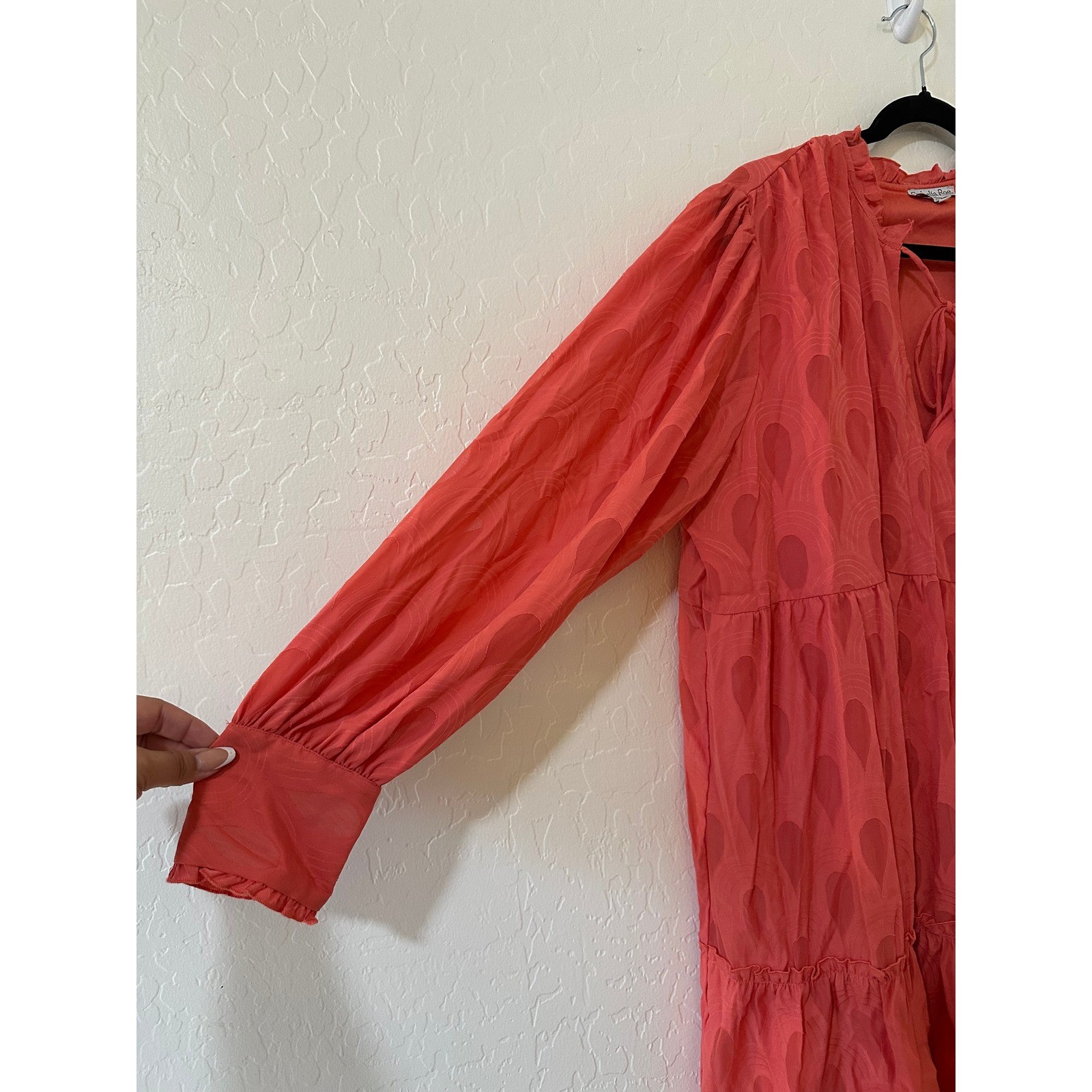 Ophelia Roe Coral Jacquard Tiered Mini Dress Long Sleeve 1X Boho Peasant Beach