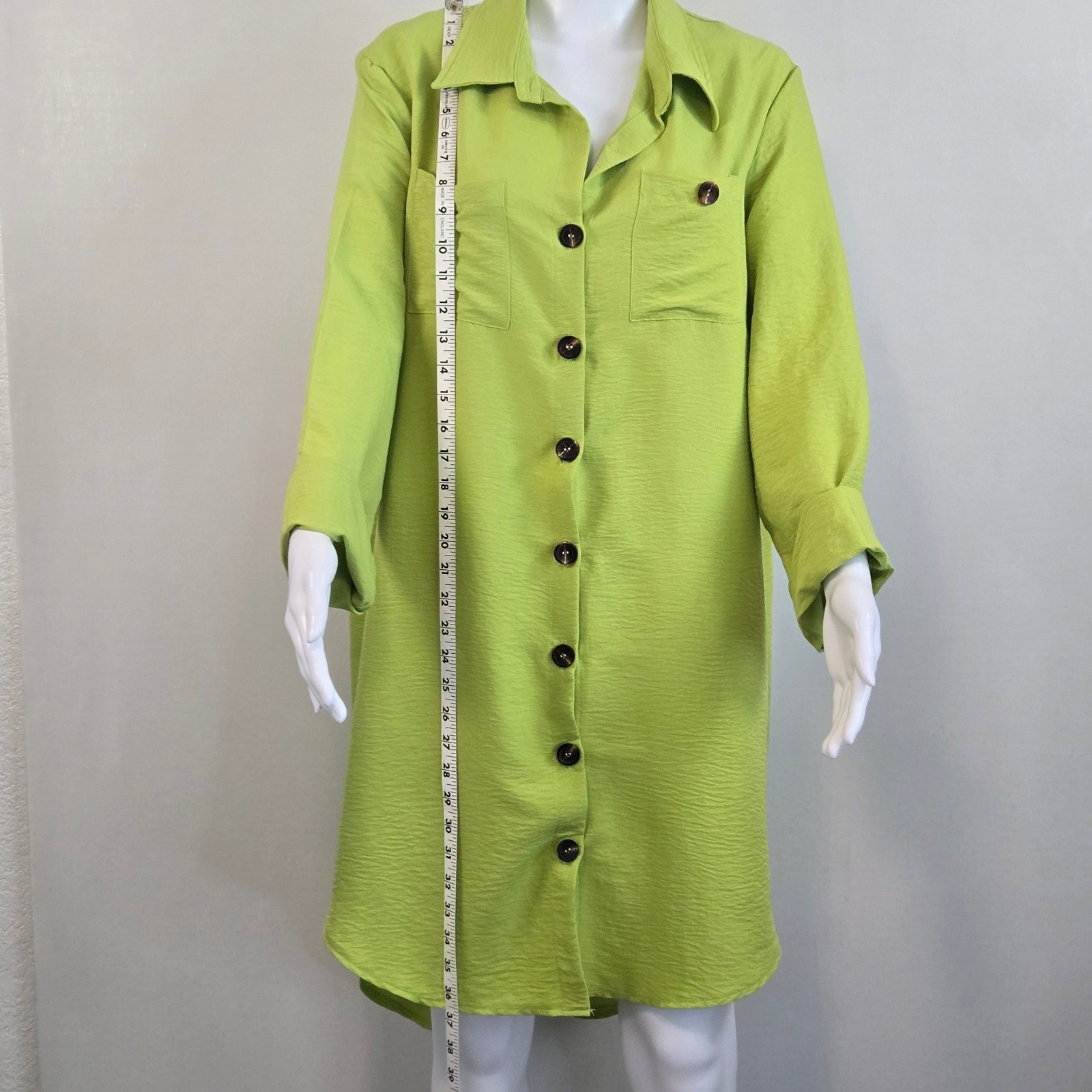 Lime Green Textured Button Down Shirt Dress High Low Tunic Long Sleeve – New