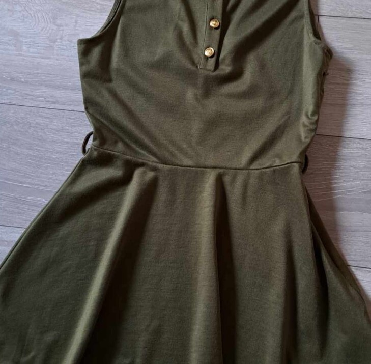 Missguided Khaki Green Stretch Flared Dress Utility Casual Feature Buttons UK10