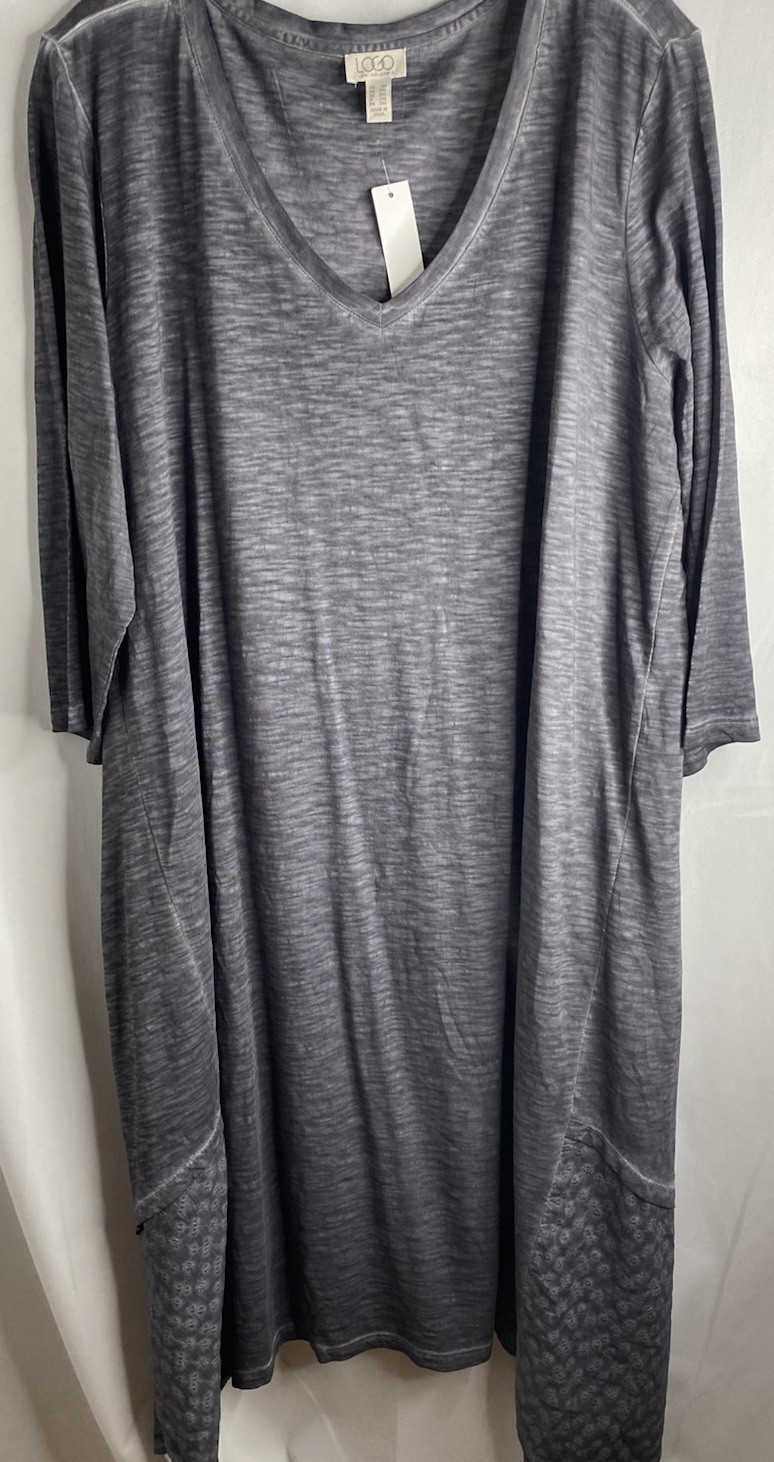 LOGO Laurie G 3/4 sleeve Gray embroidered Dress Shark Bite Hem Pockets NEW 2X