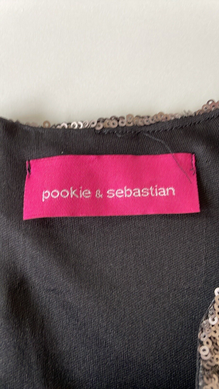 POOKIE & SEBASTIAN dress size M sequins tan silver mini shortsleeve