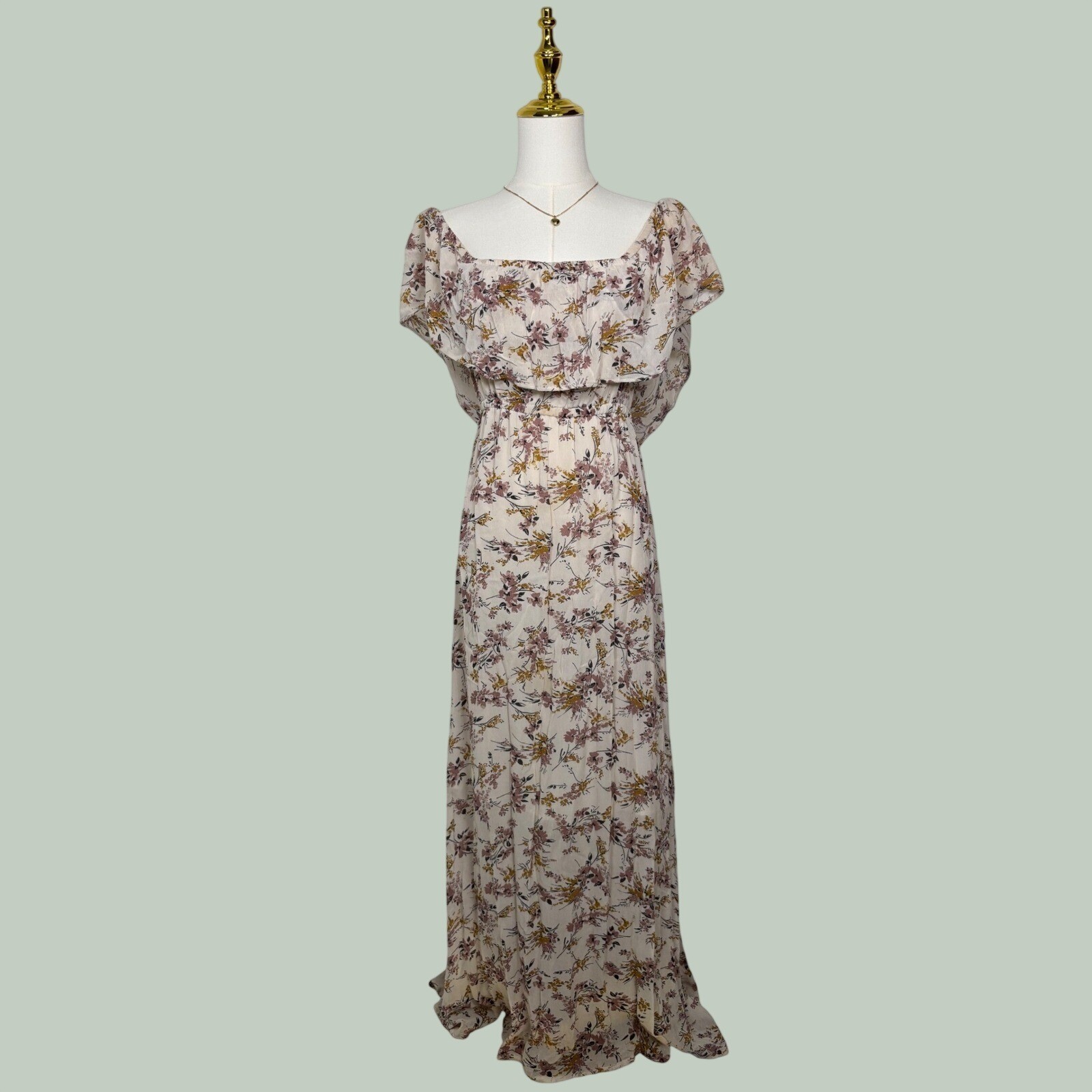 floral pink orange beige ruffle maxi dress boho summer cottage vacation chic