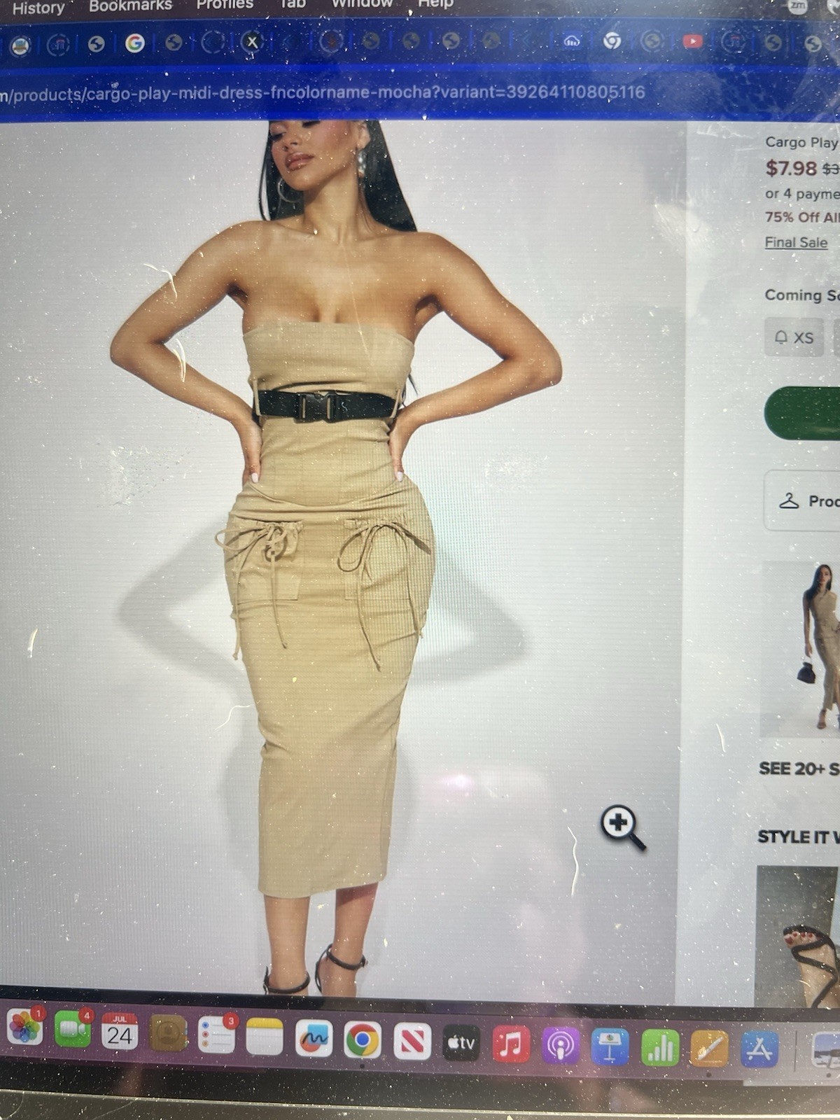Fashion Nova Womens XS Beige Solid Strapless Sleeveless Belted Pocket Midi Dress