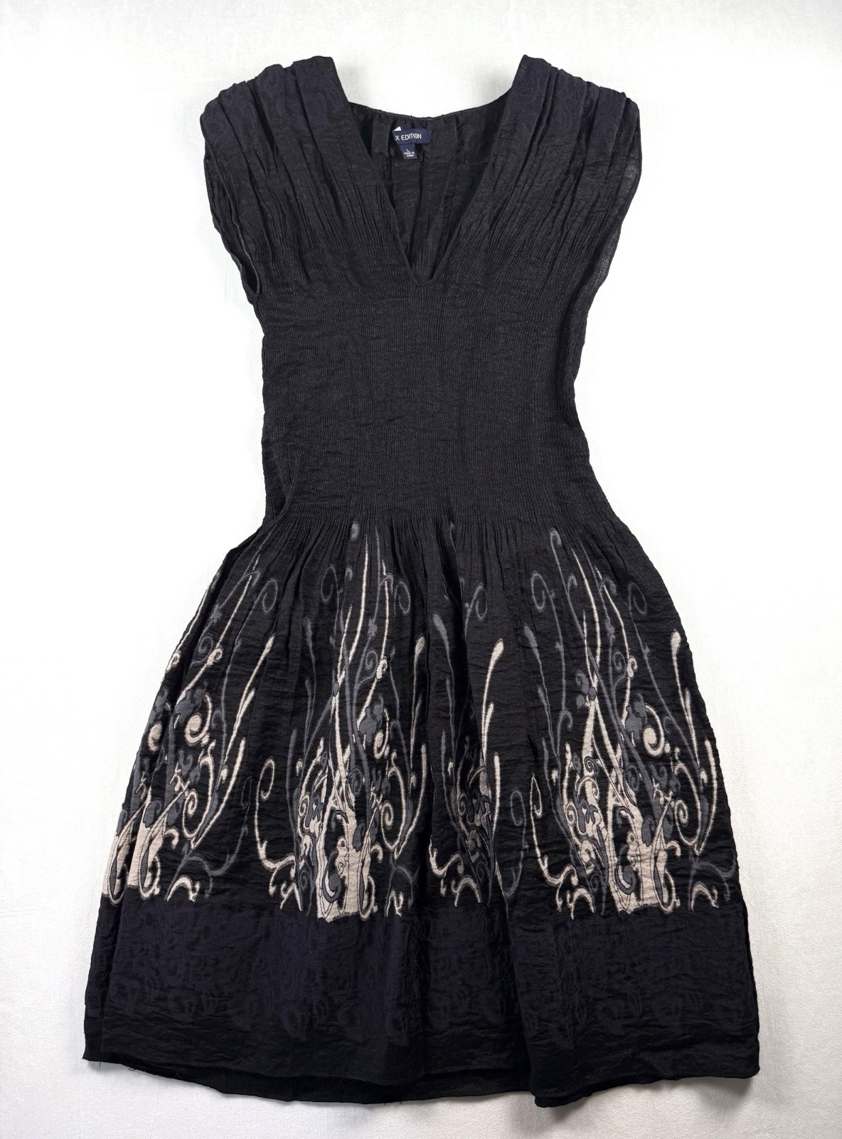 Max Edition Embroidered Crinkle Dress L Black Whimsigoth Y2K Stretch Sleeveless