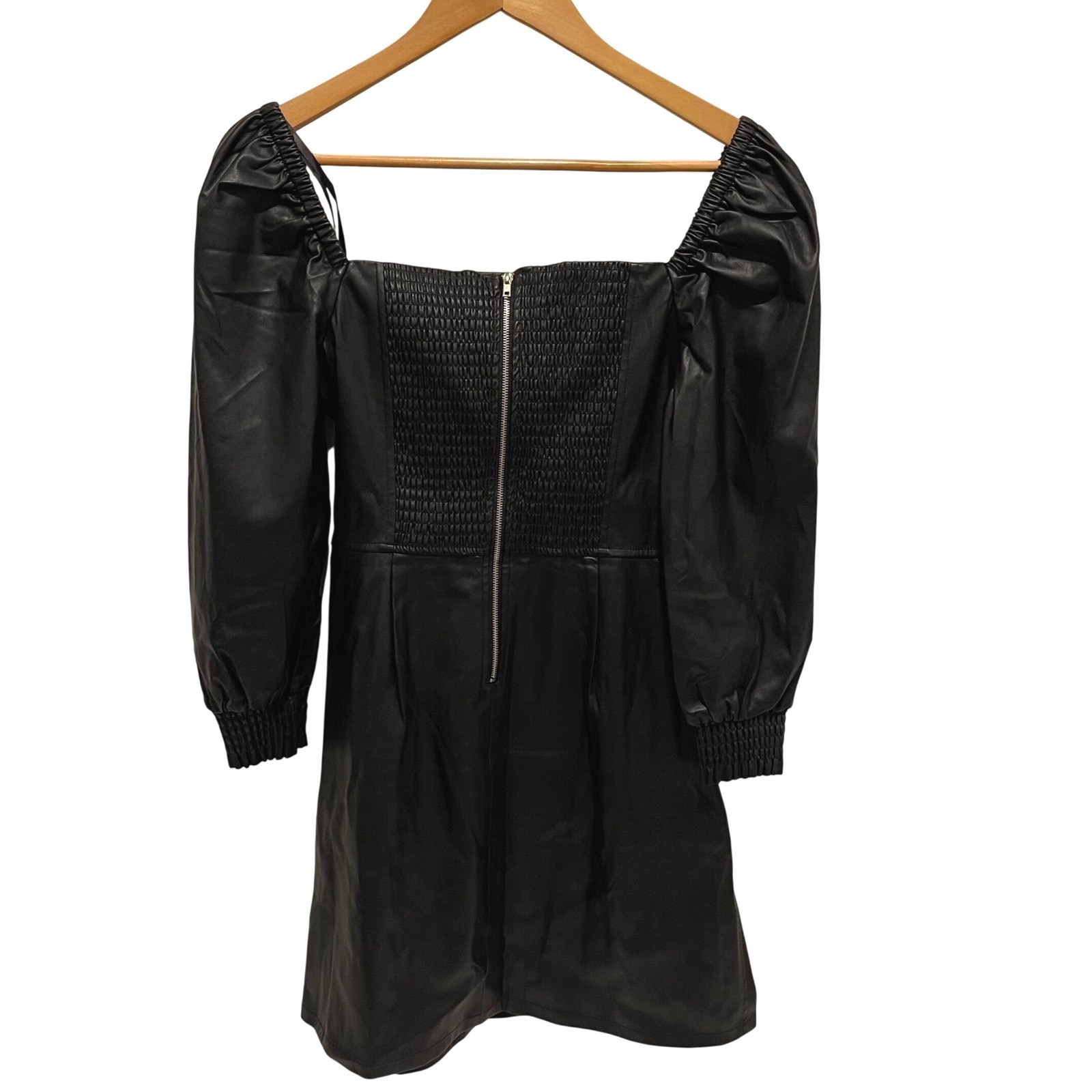 7 For All Mankind Faux Leather Square Neck Smocked Zipper Dress Black Medium NWT