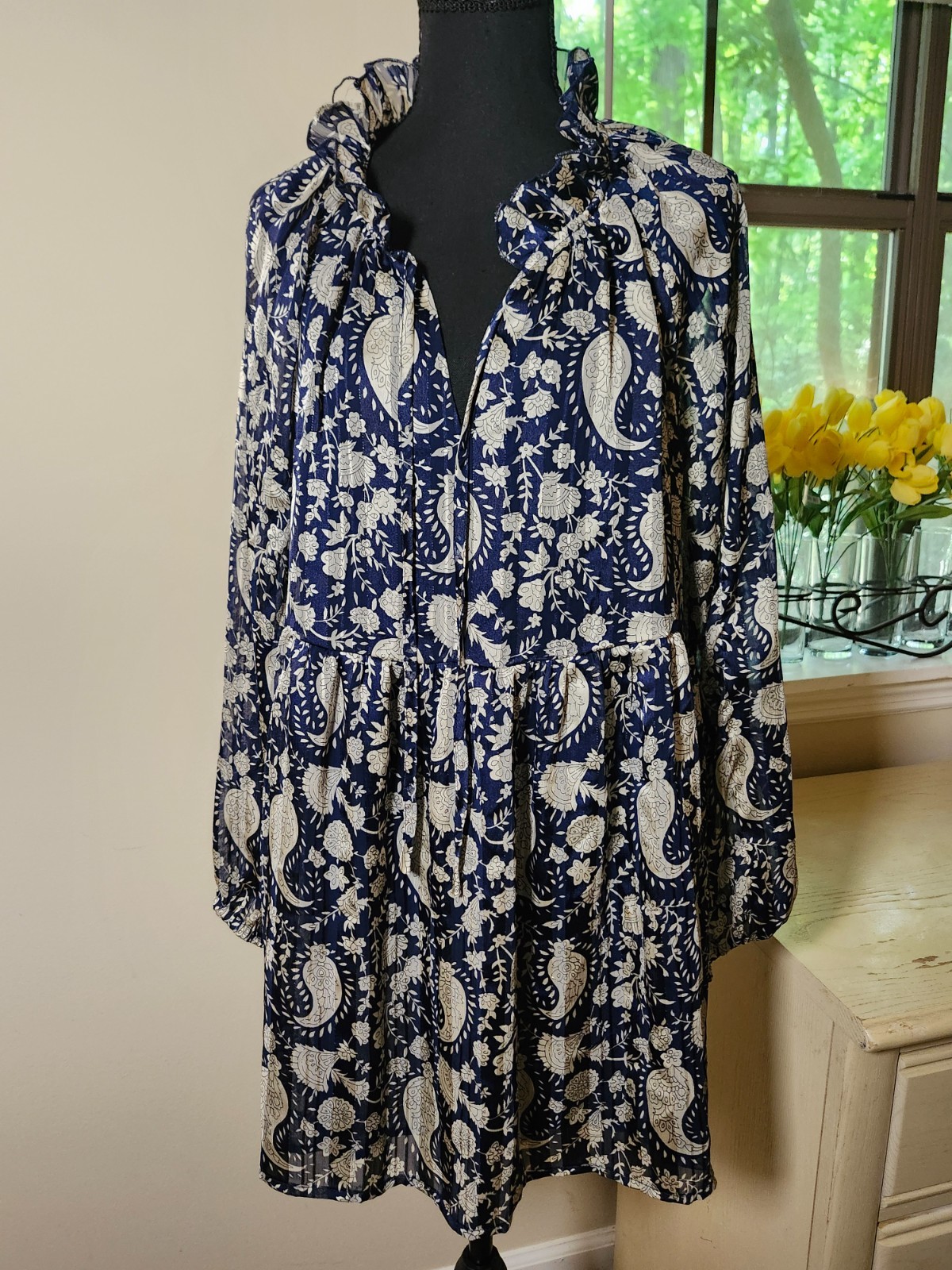 Whimsygoth Melloday Paisley Mini Dress XL Blue Gold Metallic Ruffle Collar NWOT