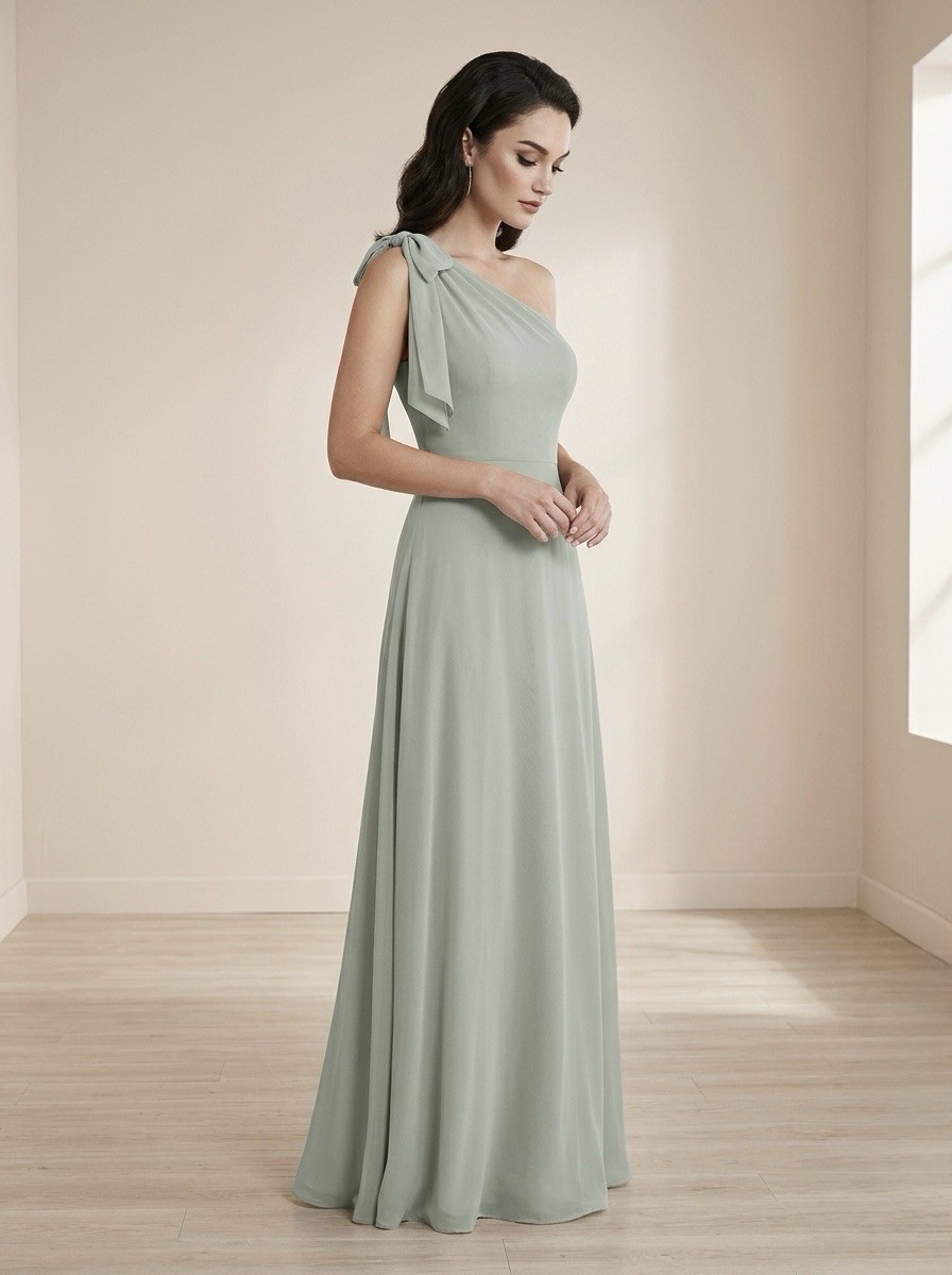 After Six by Dessy Draped 1-Shoulder Maxi Dress w/Scarf Bow, Willow Green Size 2