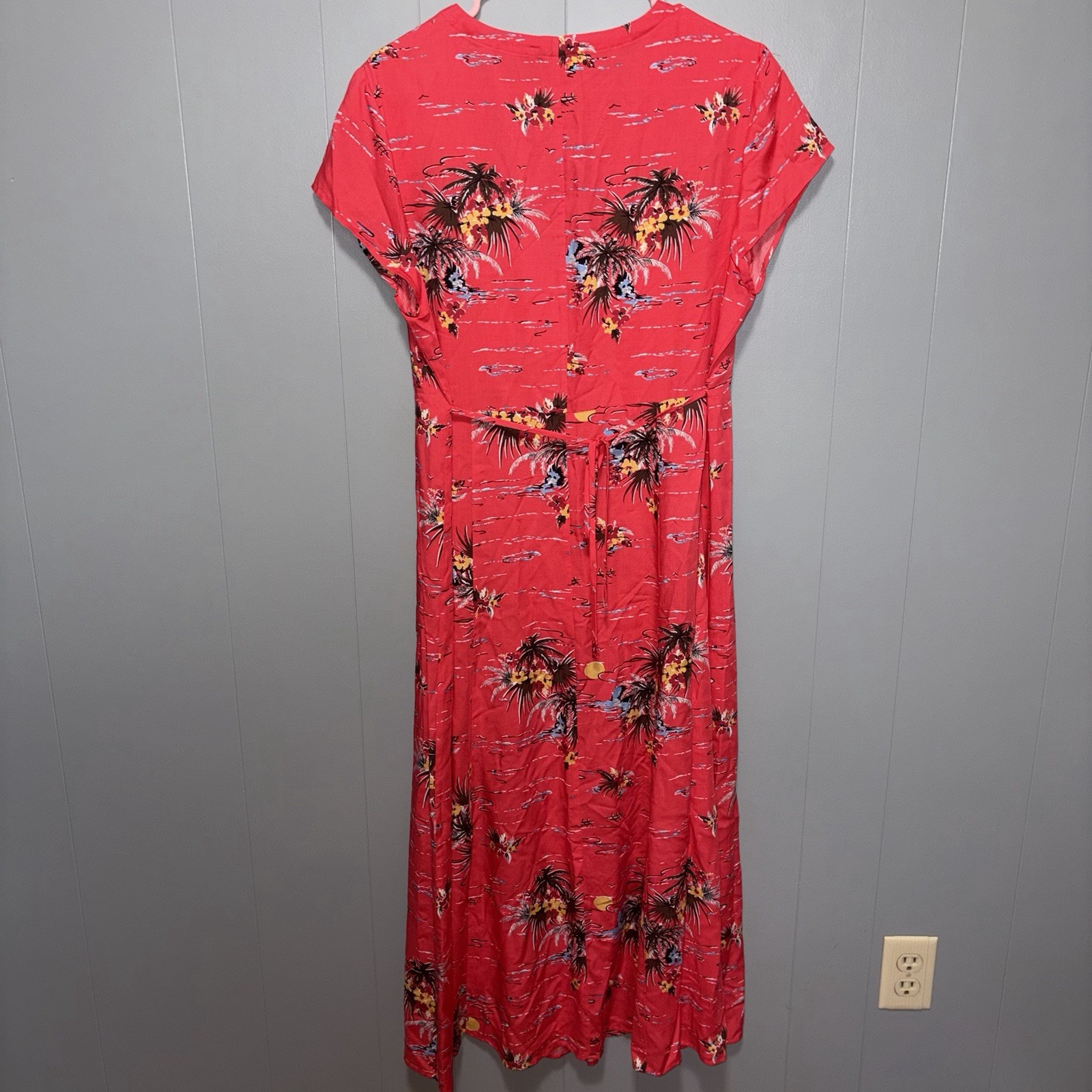 Reformation Denise Button Down Coral Red Fiji Tropical Midi Dress XL