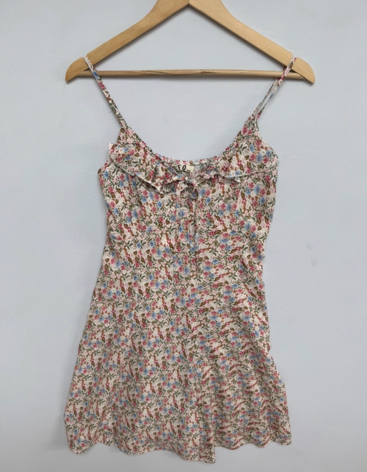 C’Flo Dress S/M Floral Viscose Mini Sundress Strappy Frill Tie Front Summer