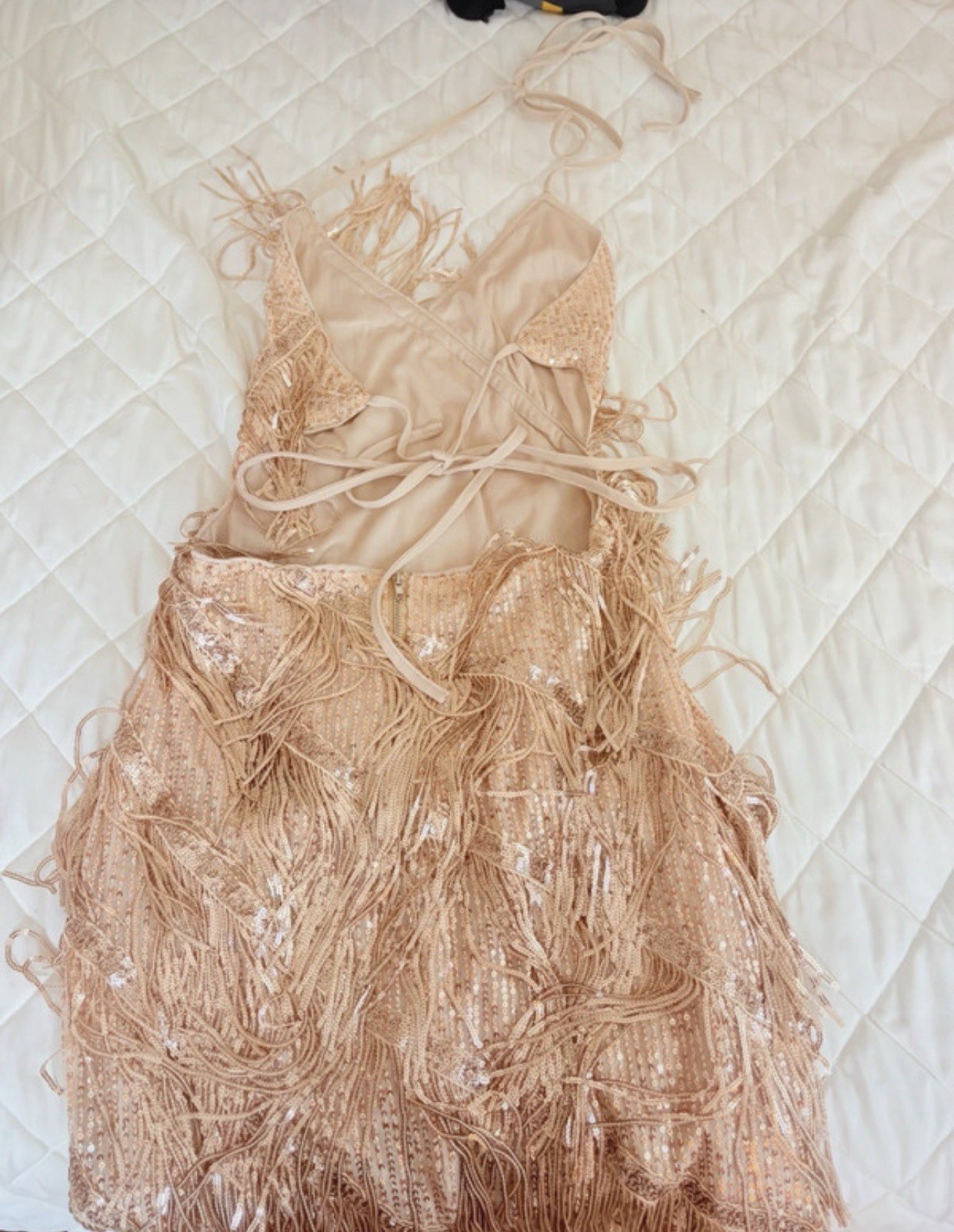 Gold halter-style mini dress layered fringe/ sequin detailing Size S