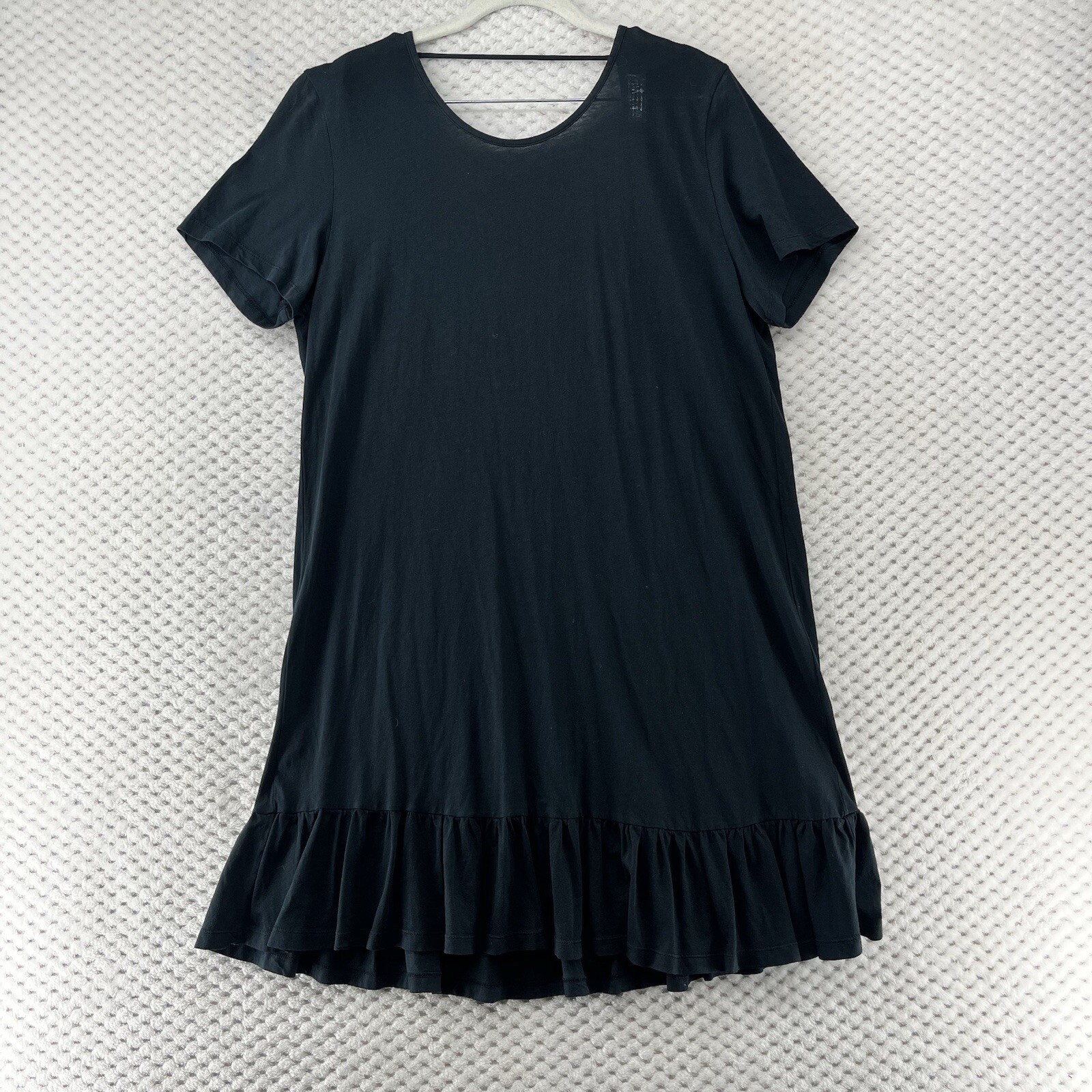 Cotton Dress Ruffle Hem Short Sleeve Casual Comfy Black Plunging Back