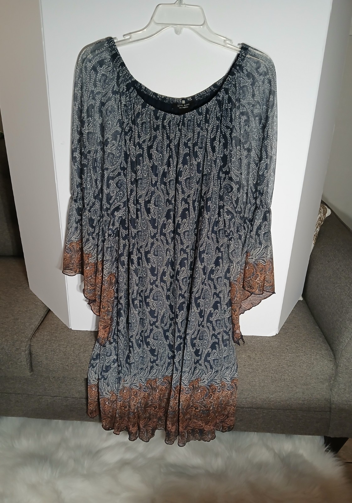 Love Ryan Sheer 3/4 Sleeve Navy Paisley Boho Dress With Rust Border 3X