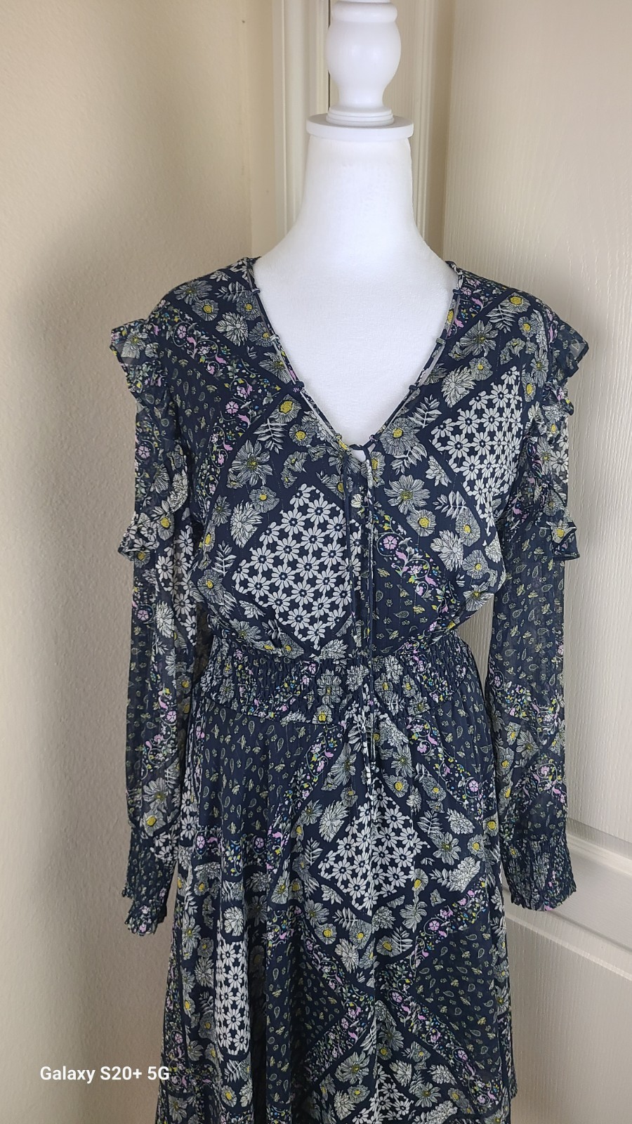 Sam Edelman Ruffle Handkerchief Midi Dress Mixed Patchwork Smoked Waist Size 10