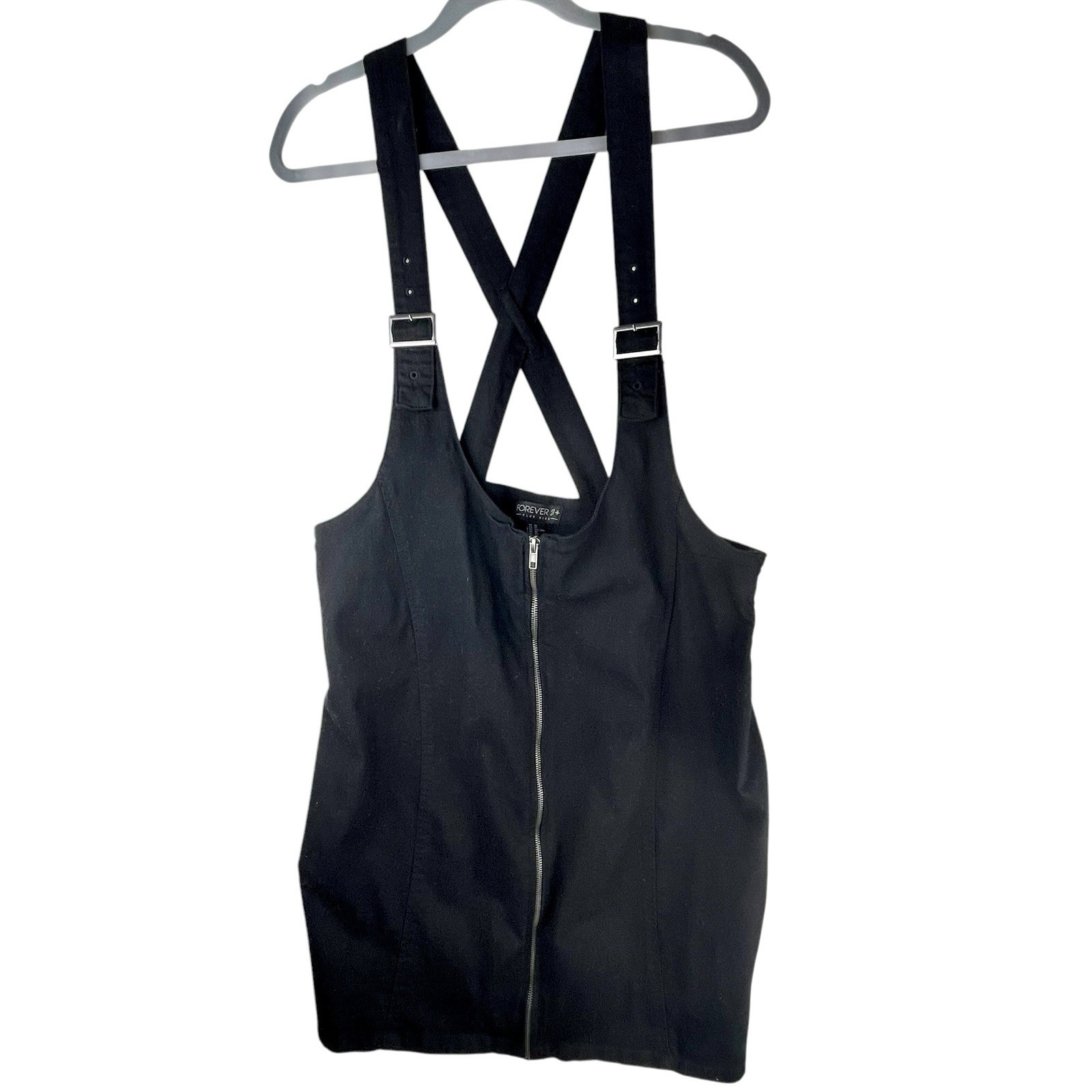 Forever 21 Womens Overalls Dress 2X Black Full Zip Denim Suspenders Knee Length