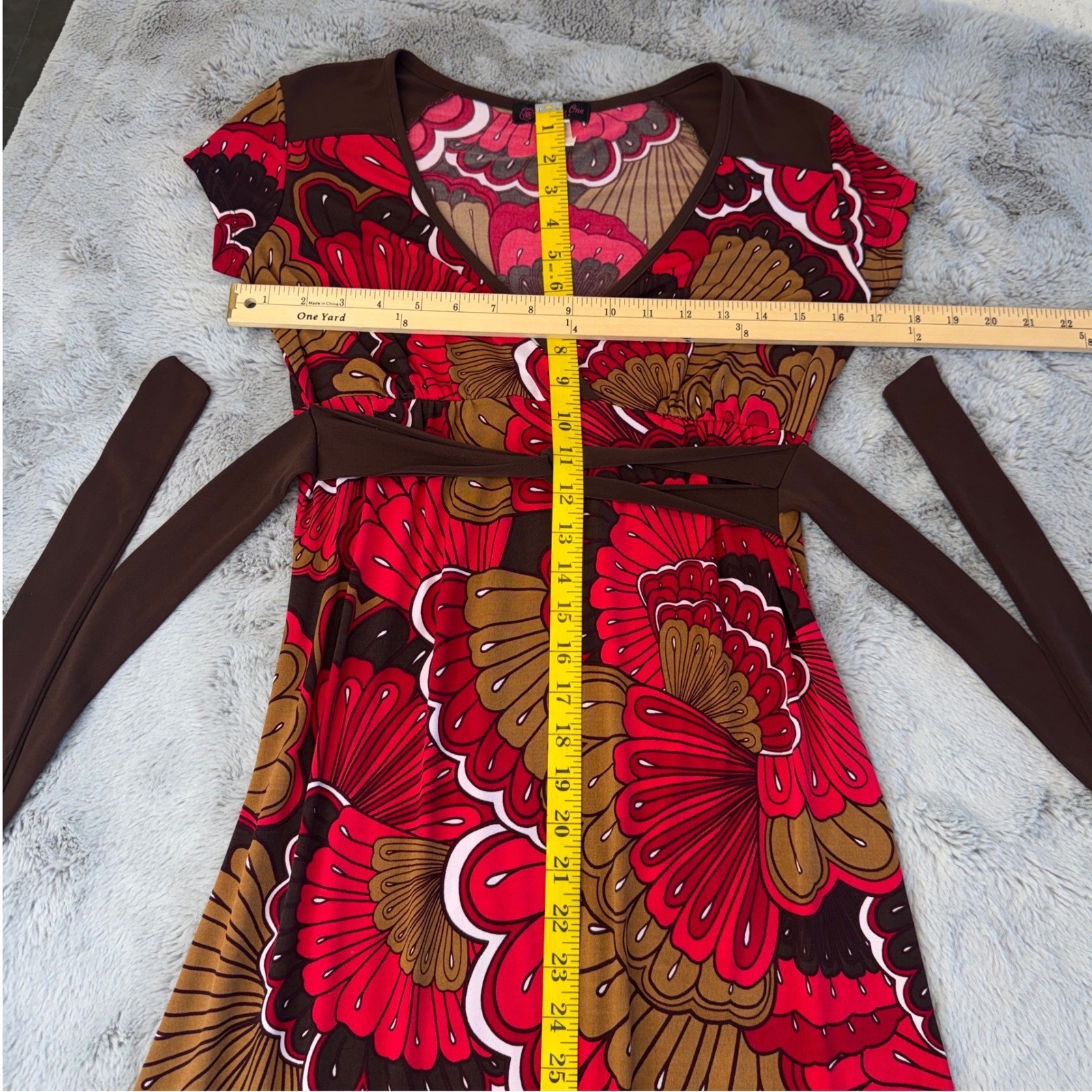 Volume One Red Brown Psychedelic Floral V-Neck Faux Wrap Dress Size M Y2K Retro