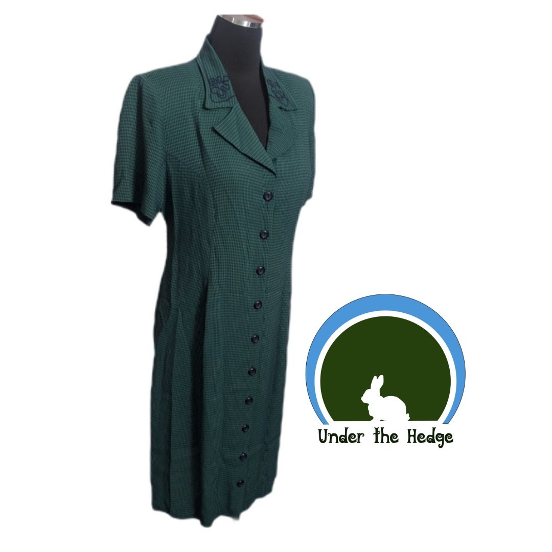90s SL Fashions Green Check Midi Sheath Dress Sz 8 grunge retro gingham indie A1