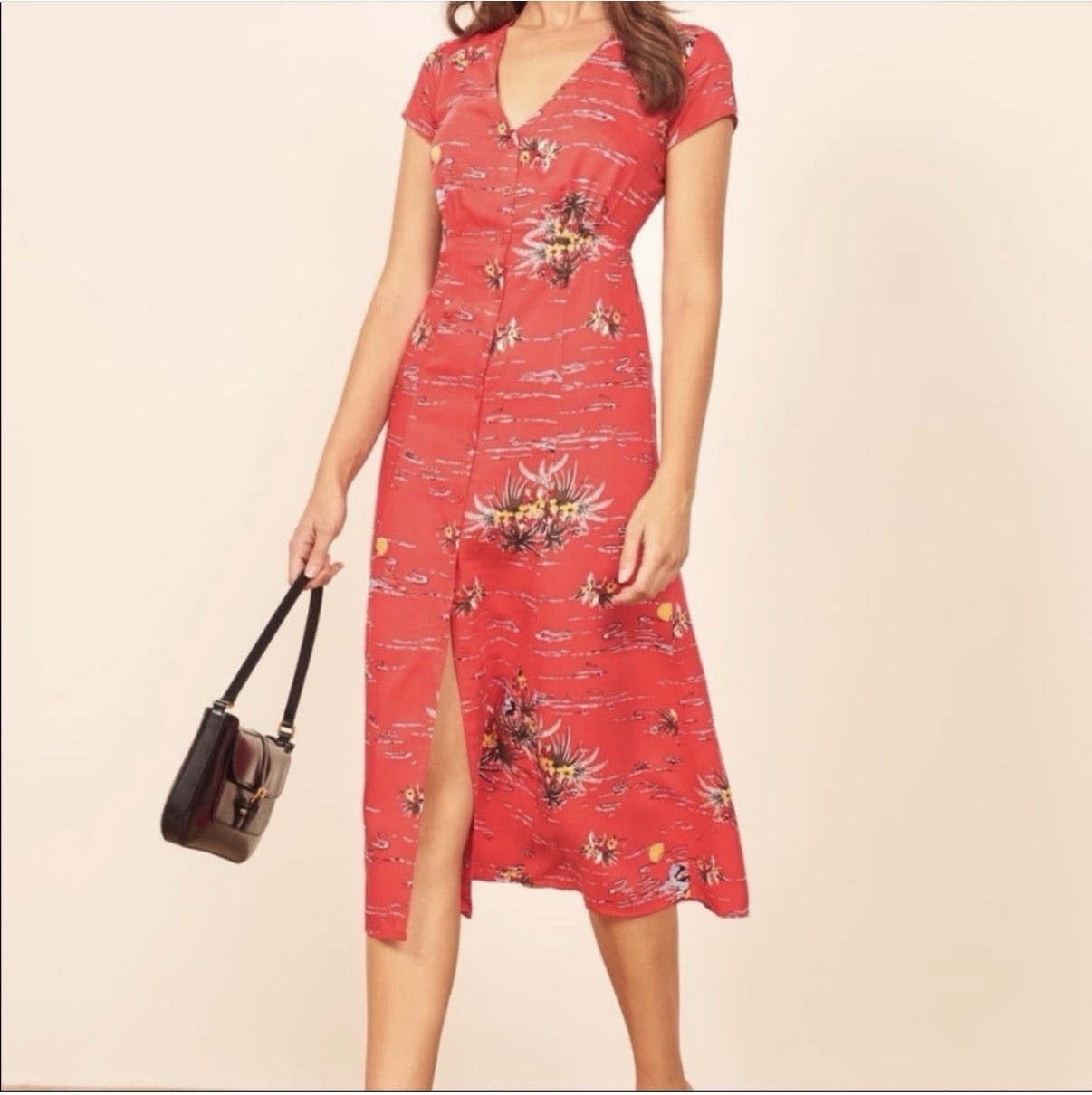 Reformation Denise Button Down Coral Red Fiji Tropical Midi Dress XL