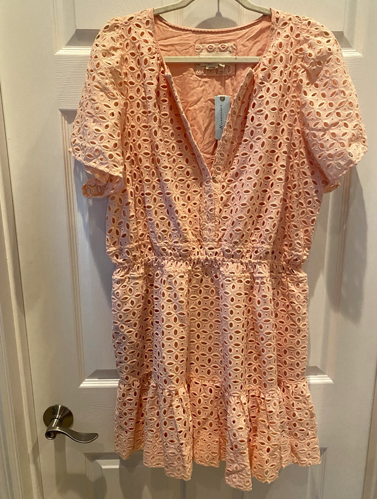 Anthropologie Somerset Pink/Peach Eyelet Fit & Flare V-Neck Puff Sleeve Dress 2X