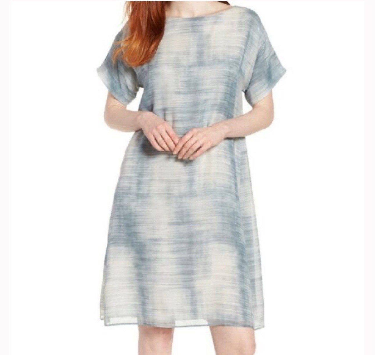 Eileen Fisher 100% Silk Bateau Neck Short-Sleeve Shift Dress Size Medium