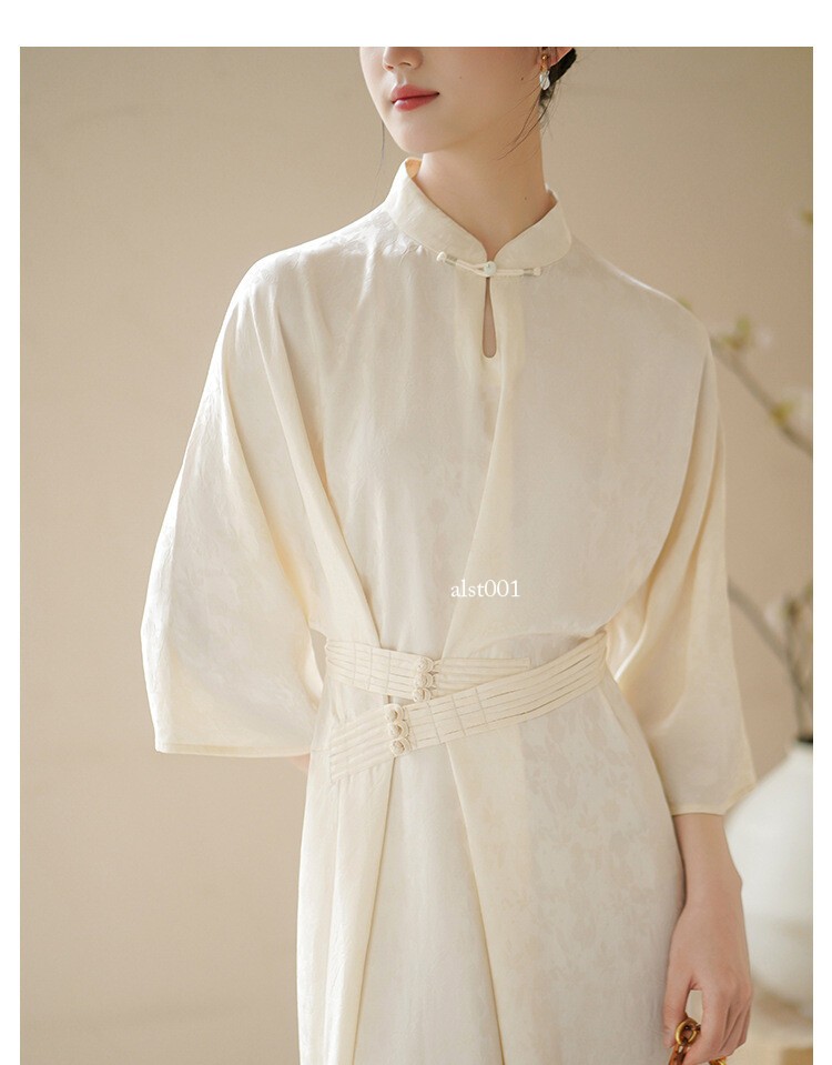 Retro Chinese Style Zen Design Womens Stand Collar 3/4 Sleeve Long Dresses Qipao