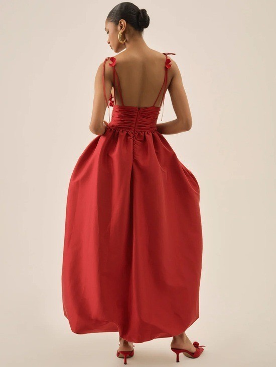 $689 For Love And Lemons “Esmeralda” High-Low Appliqué Gown in Red Sz Small