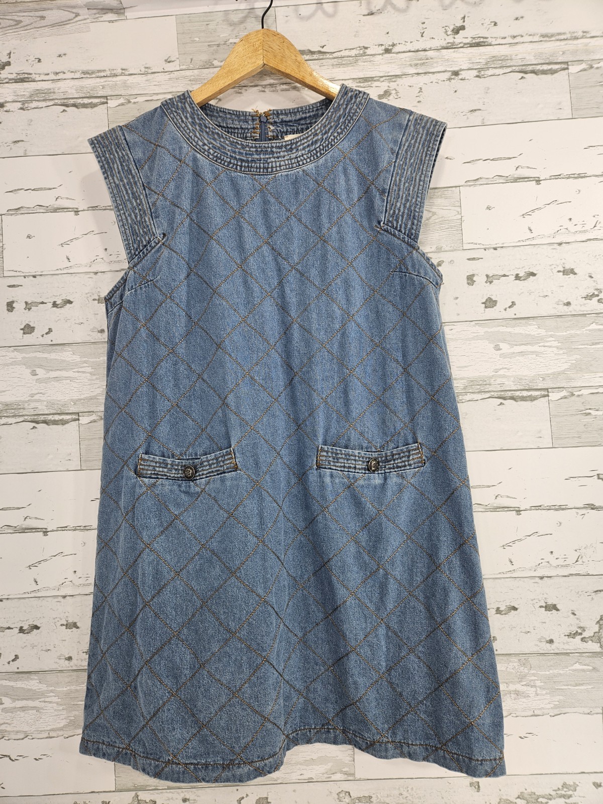 Entro Sleeveless Denim Shift Dress Quilted Stitching Women M Pockets