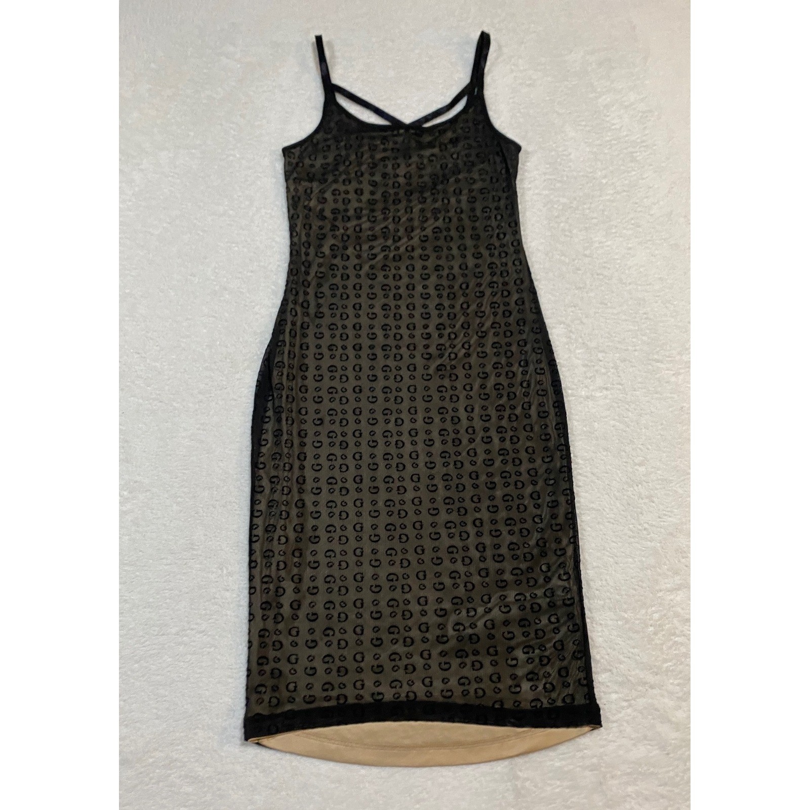 Guess Los Angeles Black Mesh Flocked Logo Monogram Bodycon Mini Dress Small