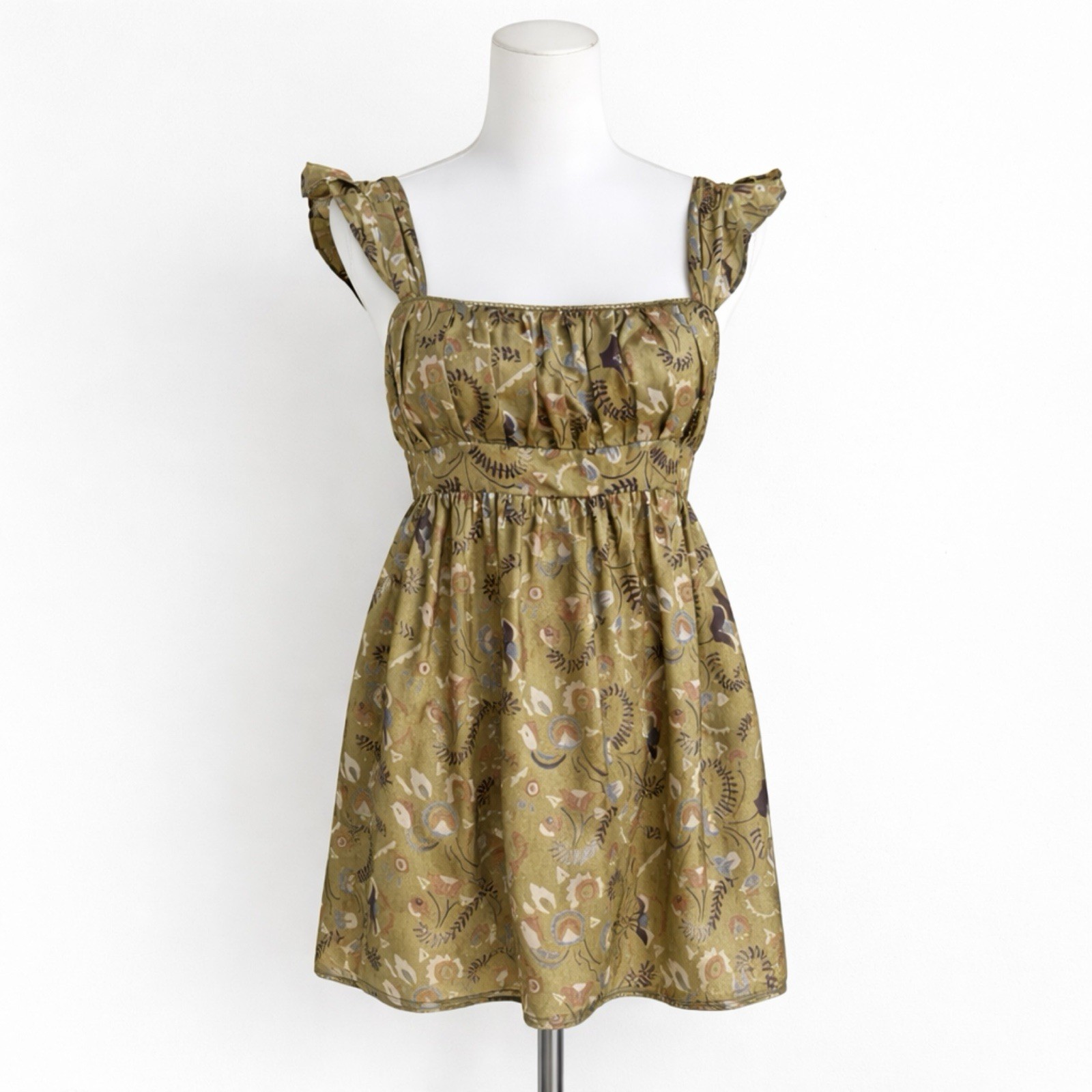 New Halogen 100% Silk Floral Babydoll Dress Olive Green Empire Waist Size M