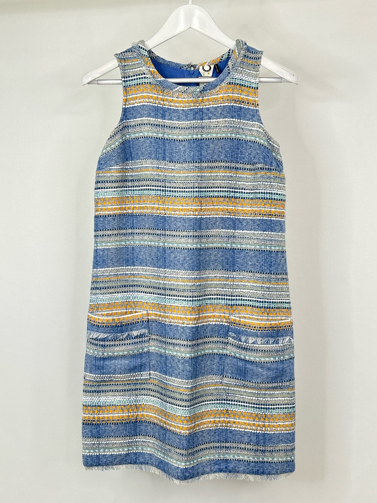 AKEMI + KIN Woven Sheath Dress SZ 0 BLUE PATTERN Women Lined Classic Pockets