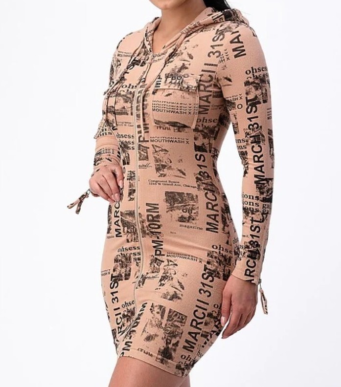 Magazine Print Tan/Gray Hooded Long Sleeve Bodycon Dress