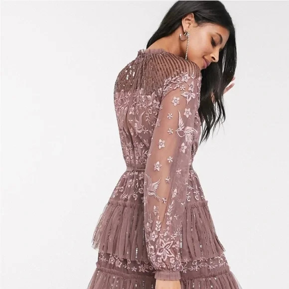 Needle and Thread Sequin Embroidered Tiered Dress sheer long sleeves 0 READ