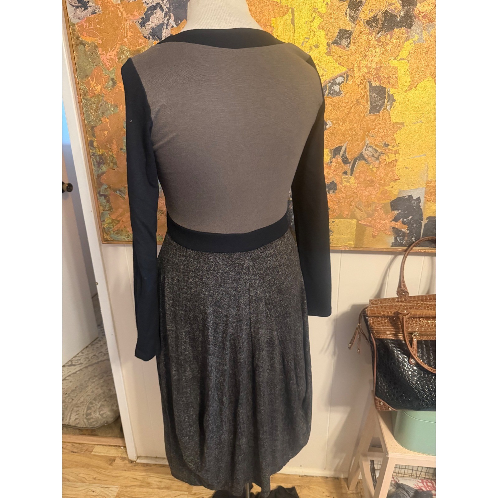 RARE Ronen Chen Israel Stretchy Earth Toned V-Neck Midi Dress Tulip Skirt L