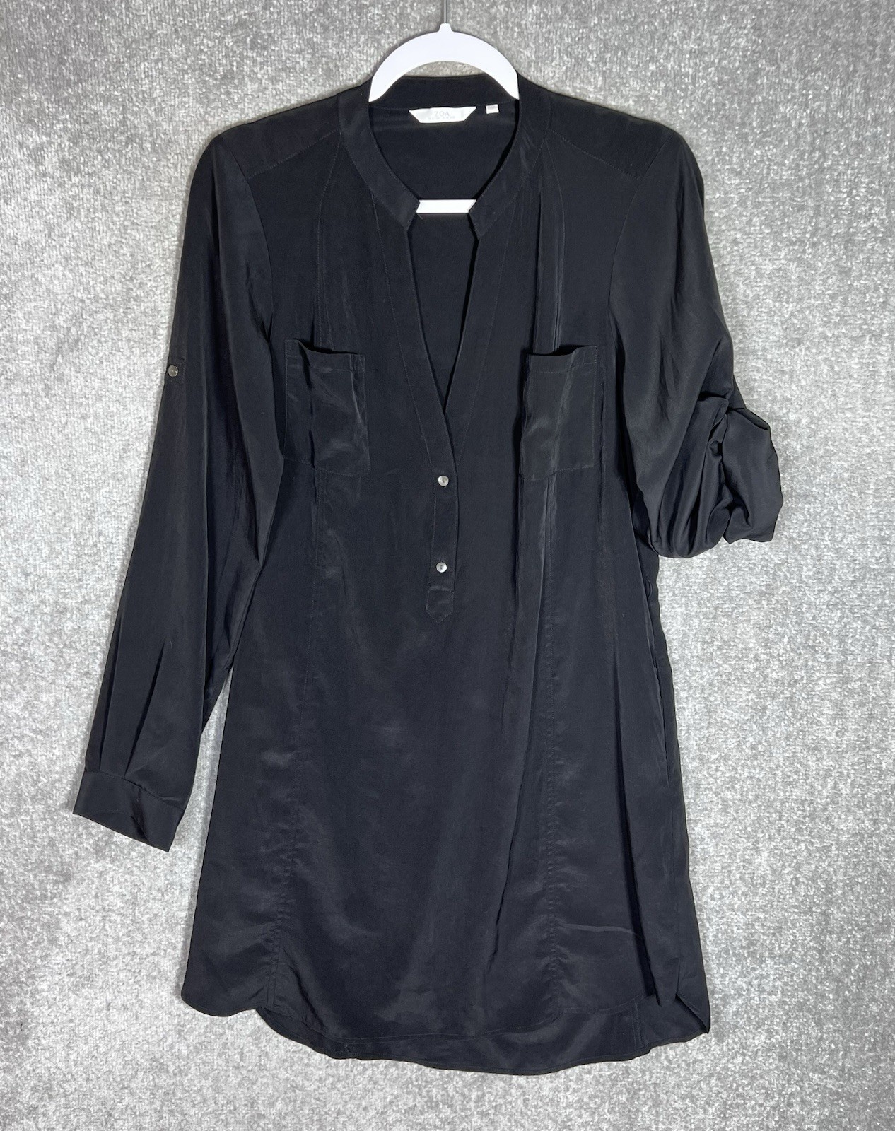 Zoa New York Dress Womens Size Medium Black Roll Tab Long Sleeve Chest Pockets