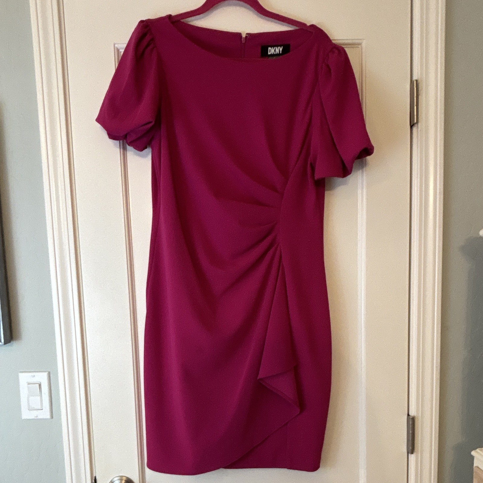 DKNY Pink Solid Sheath Knee Length Dress 14 Puff Short Sleeve Zip Ruffle