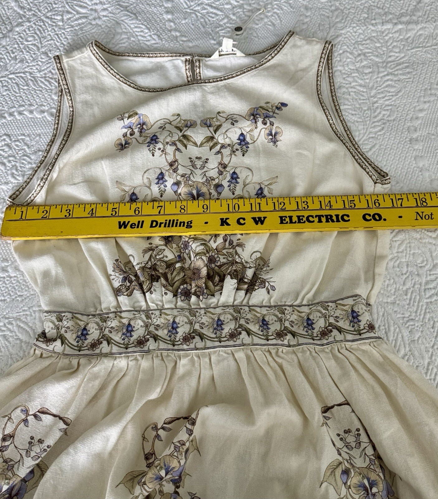 Max Studio London Floral Rayon Linen Dress Sz M Sleeveless Midi Cream Blue