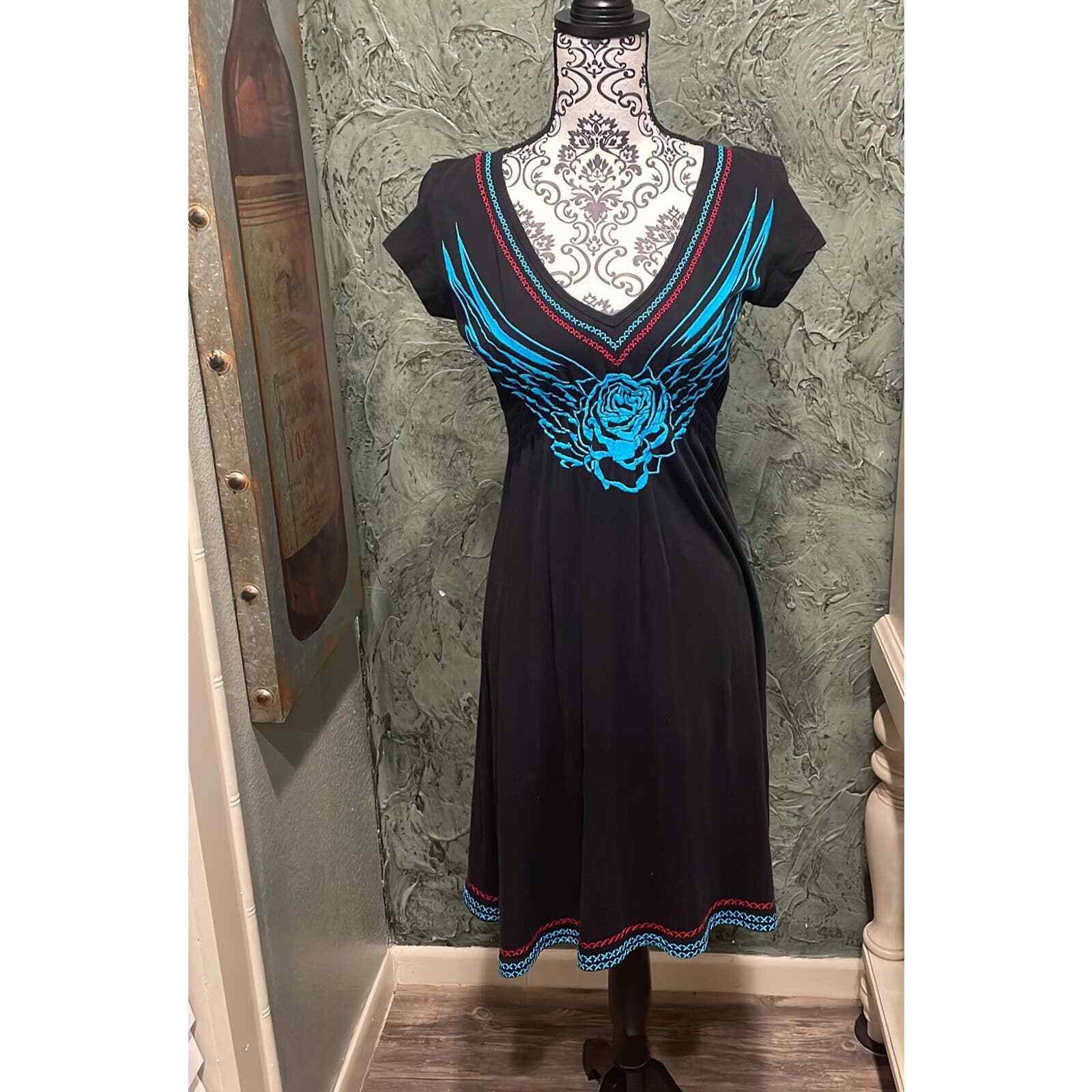 ROCK & ROLL COWGIRL S Blue Teal Black Empire Stretch Waist Dress Texas size med