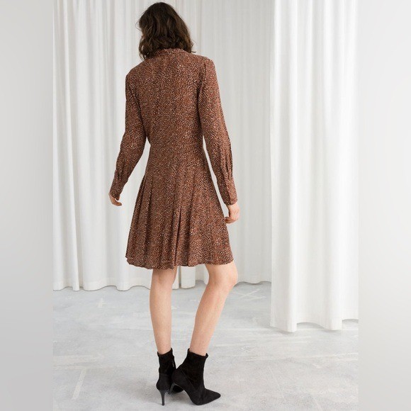 & Other Stories Brown Speckled Mini Dress Size 4 Print Collared Button Front