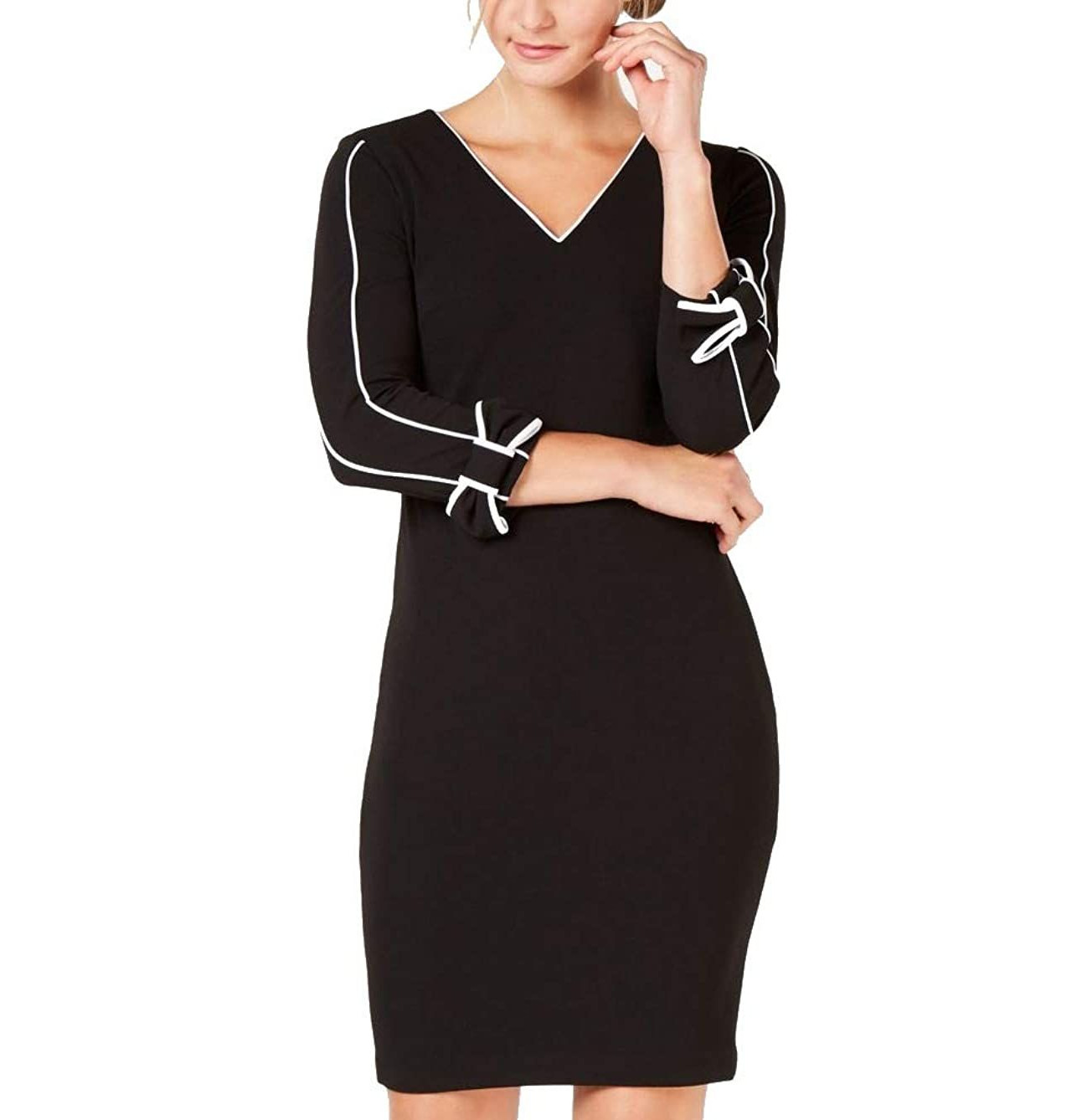 Calvin Klein Petite Scuba Crepe V-Neck Bow Long Sleeve Sheath Dress, 2P Black