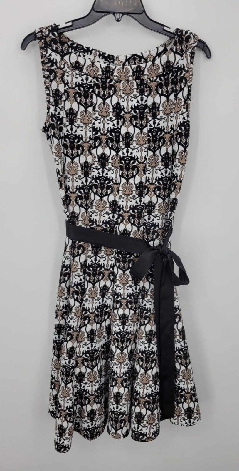 Haani Dress Womens Small Brown Black White Scarf Print Sleeveless Belted Career