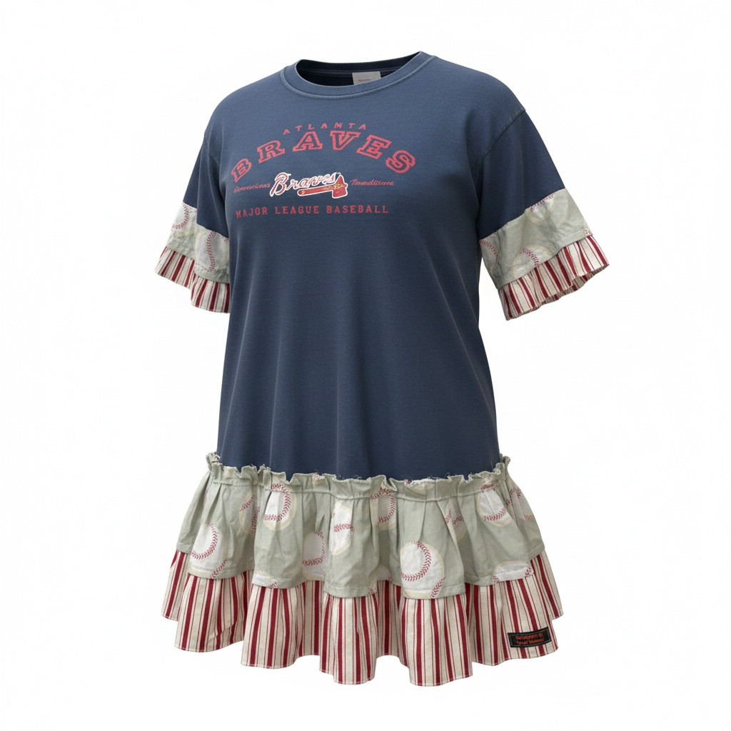 Atlanta Braves Reimagined Ruffle Dress Upcycled Tee Boho XXL Velvet Familiar