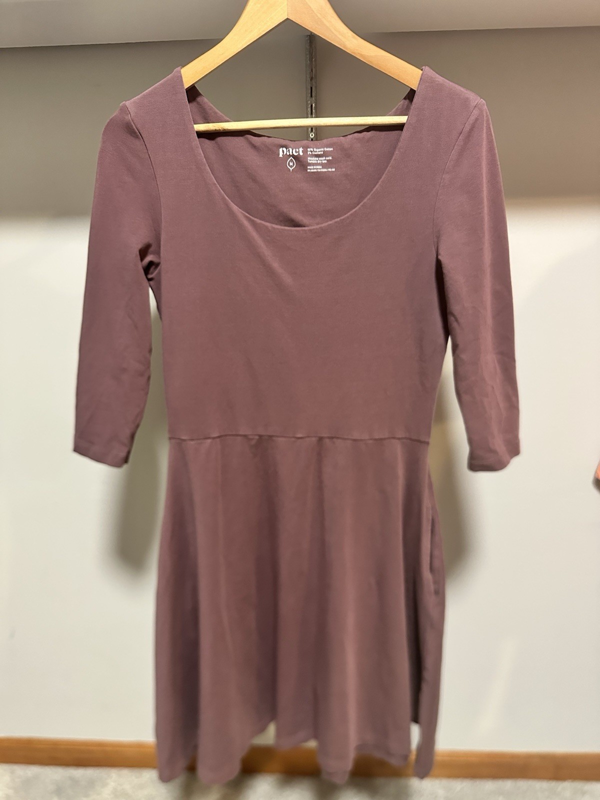 Pact Women’s Medium Mulberry 3/4 Sleeve Knit Dress Organic Cotton, Midi A Line