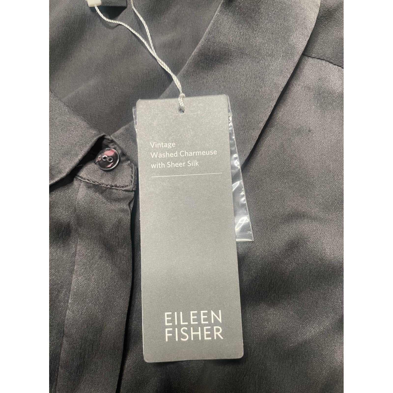 NWT EILEEN FISHER Black Silk Sheer Georgette Mandarin Collar Long Shirt Dress M