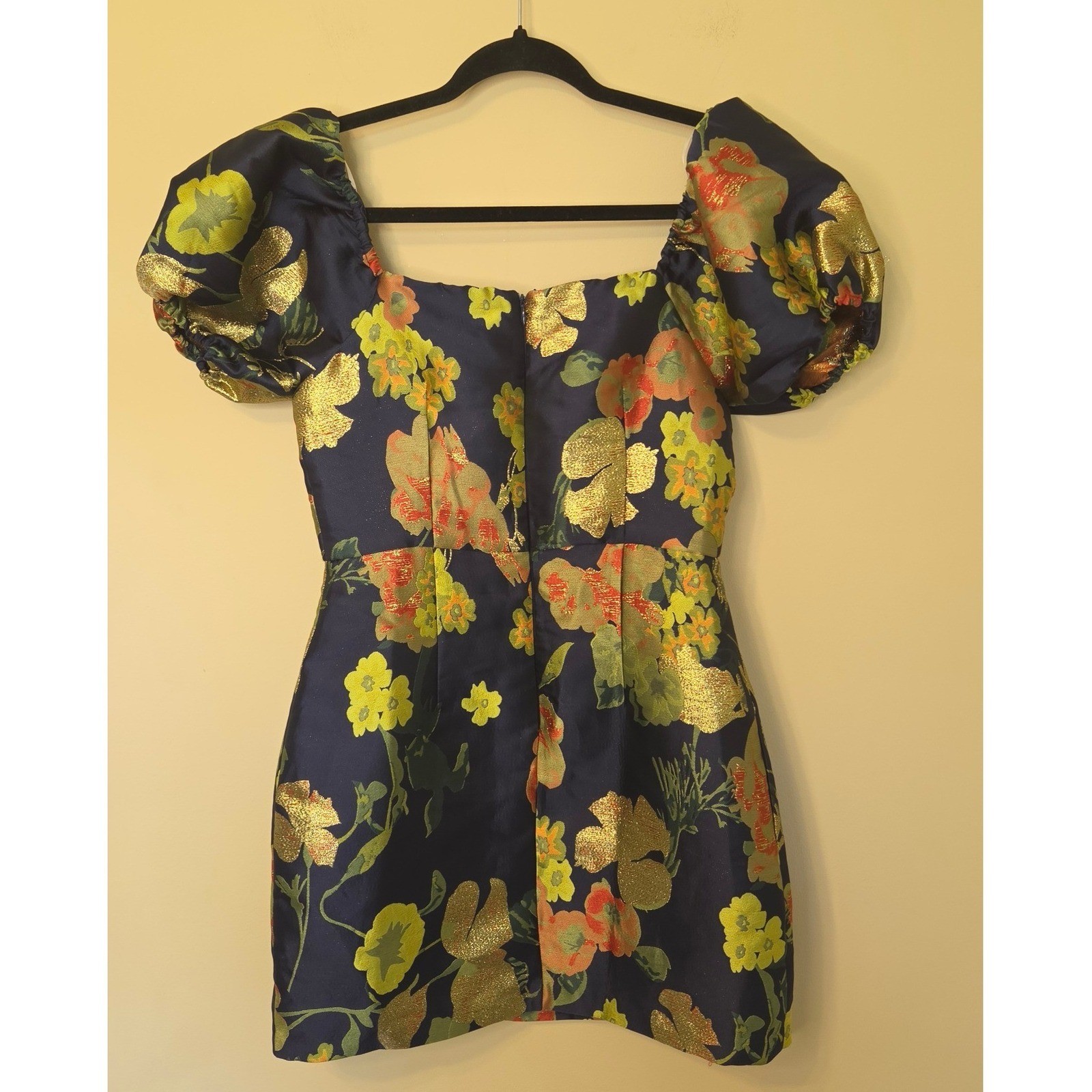 Lulus Navy Blue Gold Floral Brocade Jacquard Puff Sleeve Mini Dress Small