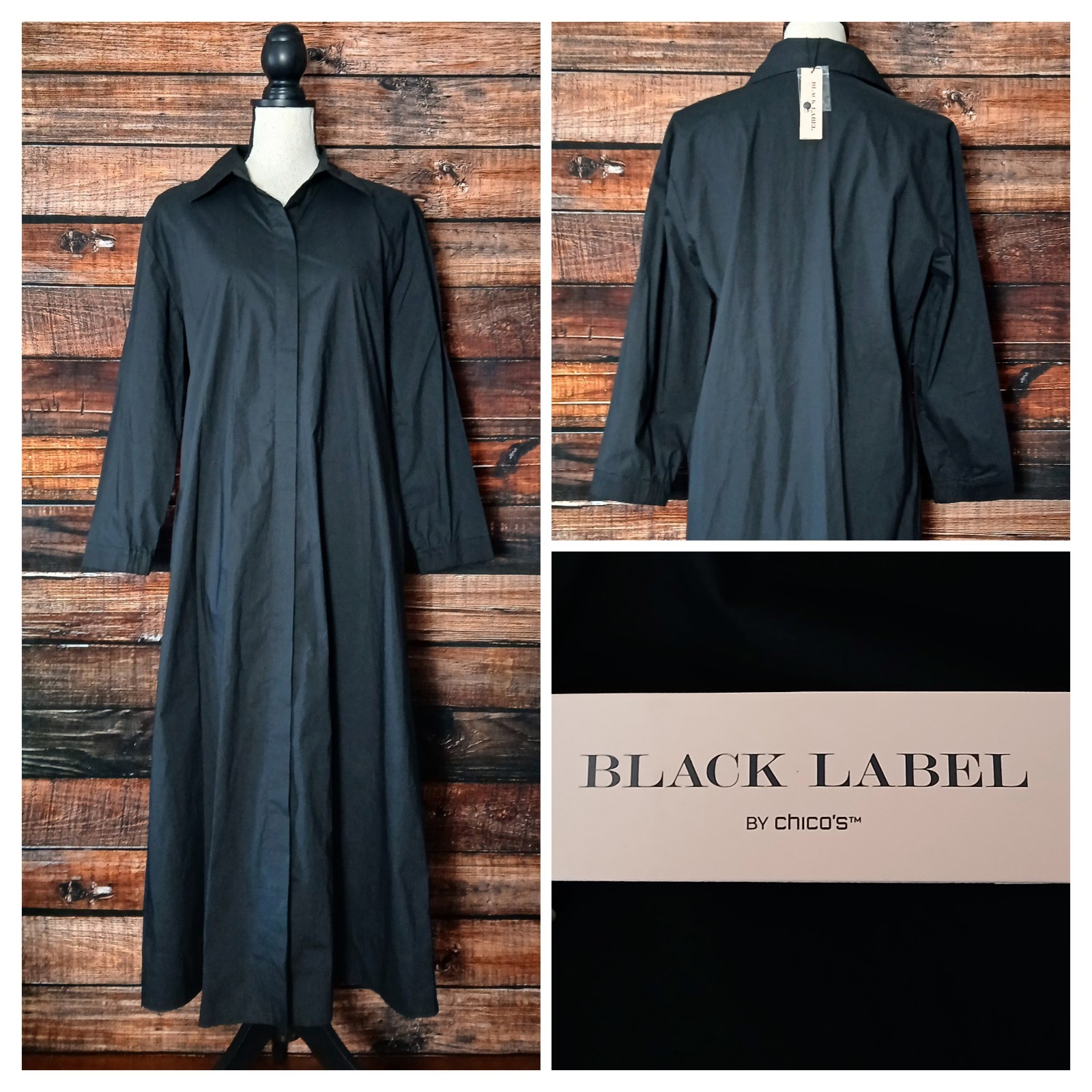 Chicos Black Label M Midi Shirt Dress Black Button Front All Day Topper Pockets