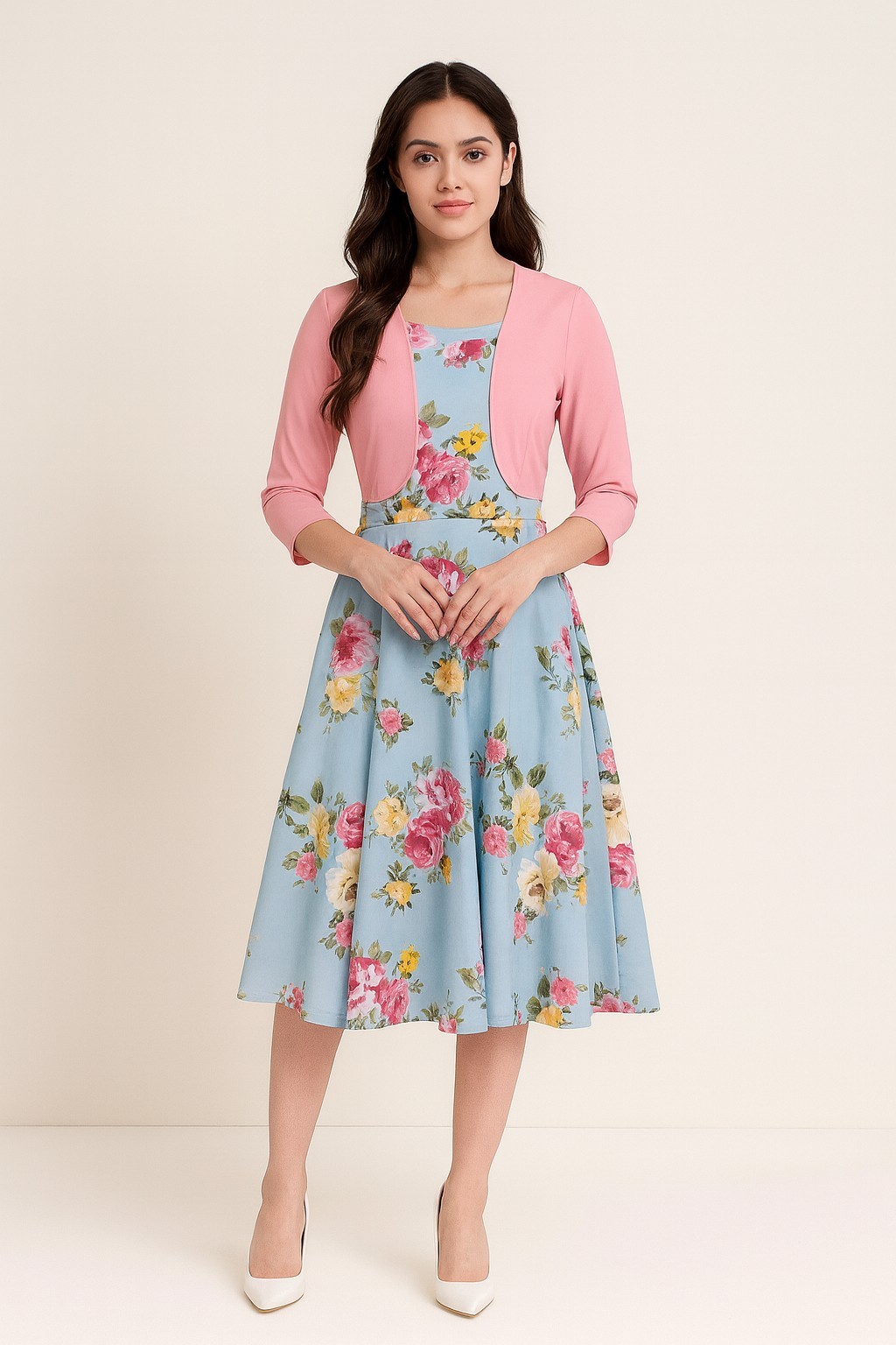 New Blue And Pink Flower Dress With Vest