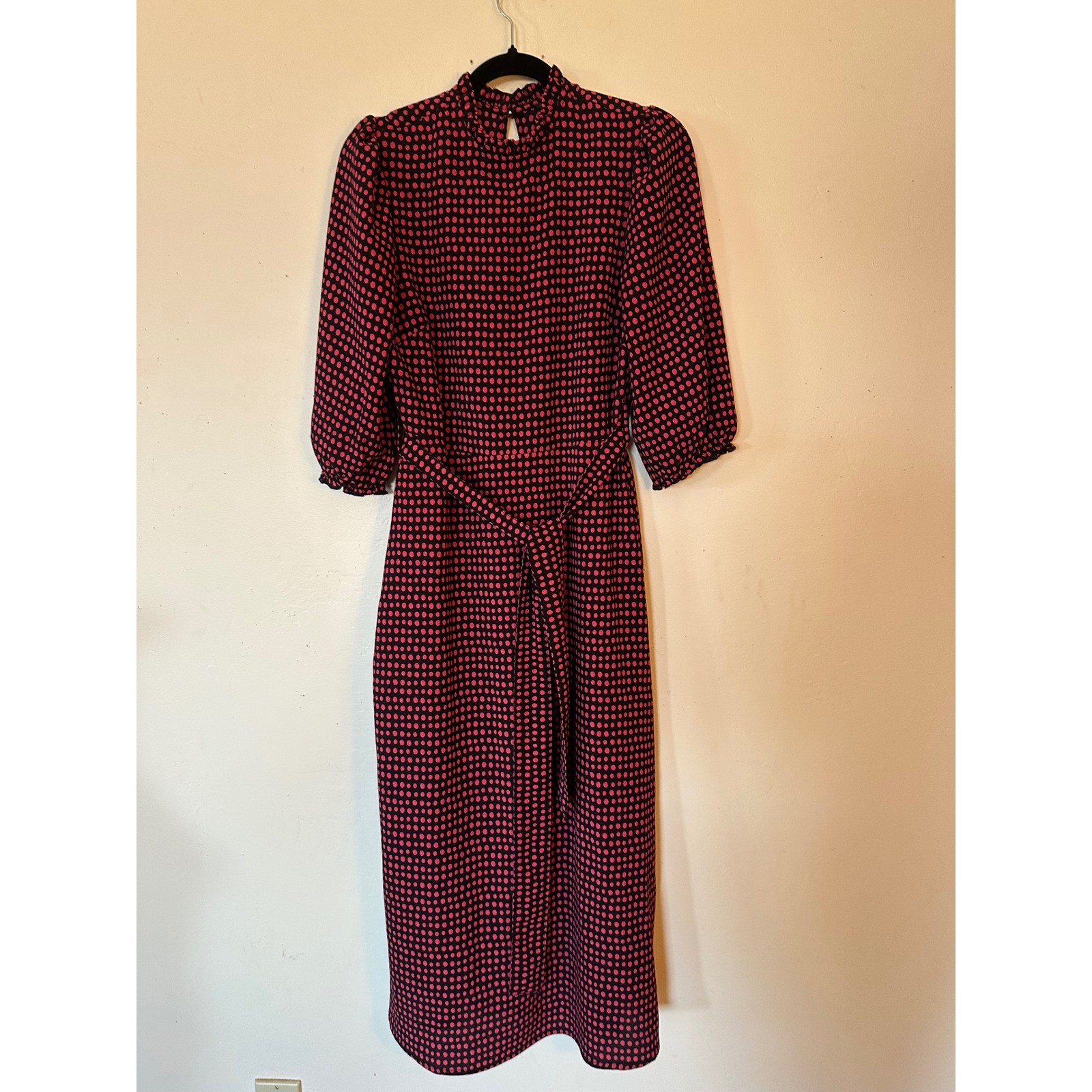 New Look Red Black Polka Dot Midi Dress Puff Sleeve Ruffle Neck Size 4 6691602