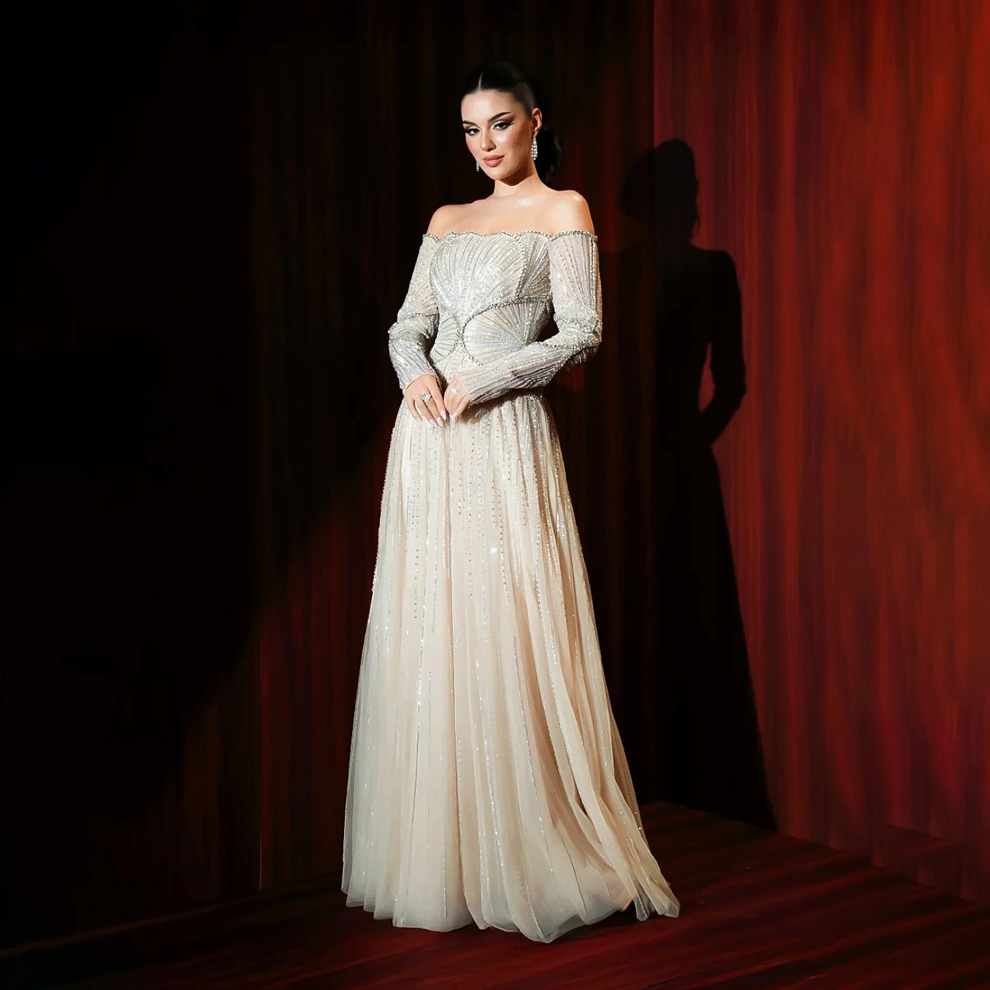 Luxury Beige Arabic Evening Dress A-Line 2026 Tulle Lace Wedding Party ball Gown
