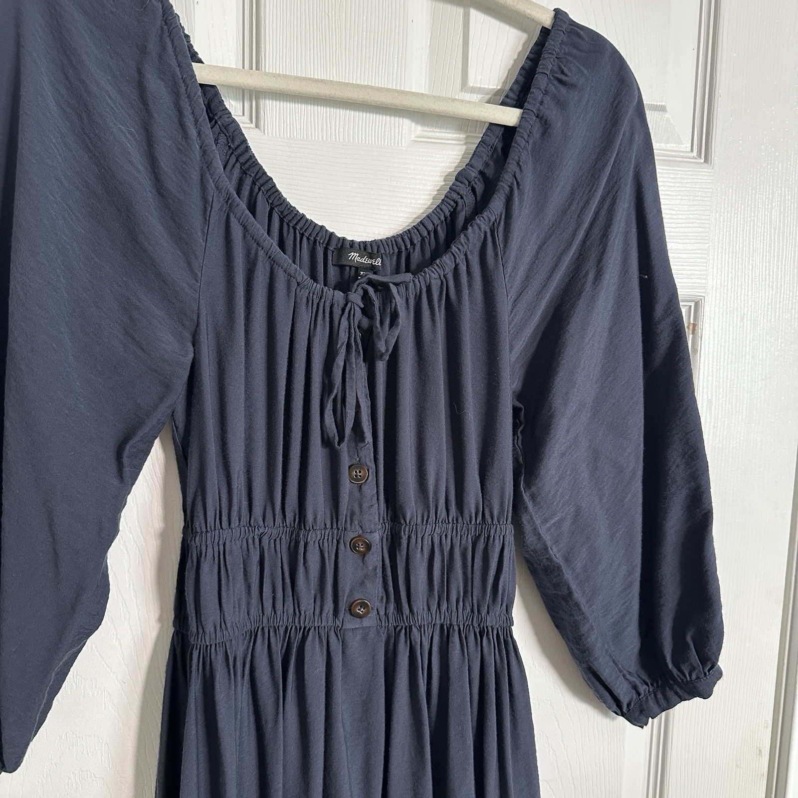 Madewell Blue Solid Scoop Neck A-Line Midi Dress 3/4 Balloon Sleeve Pockets