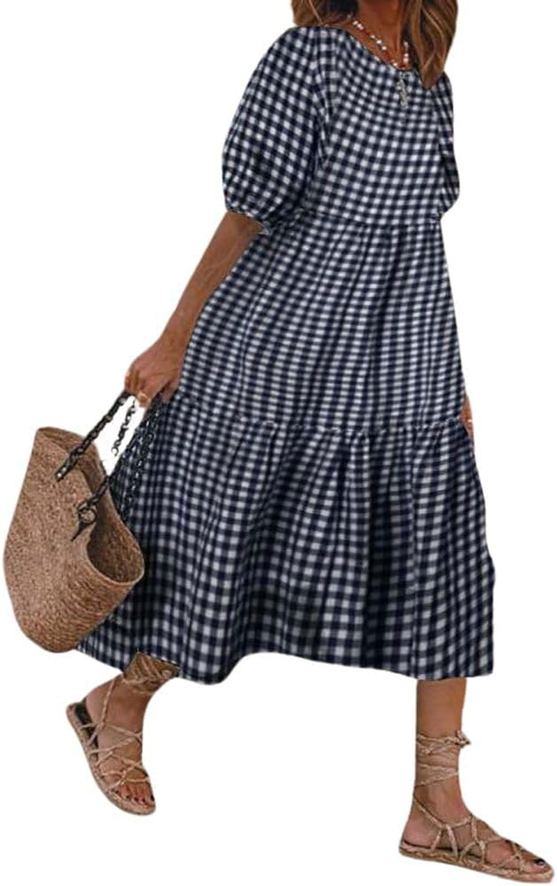 Women’S Retro Lantern Puff Sleeve Plaid Dress Gingham Swing Tiered Midi Long XL